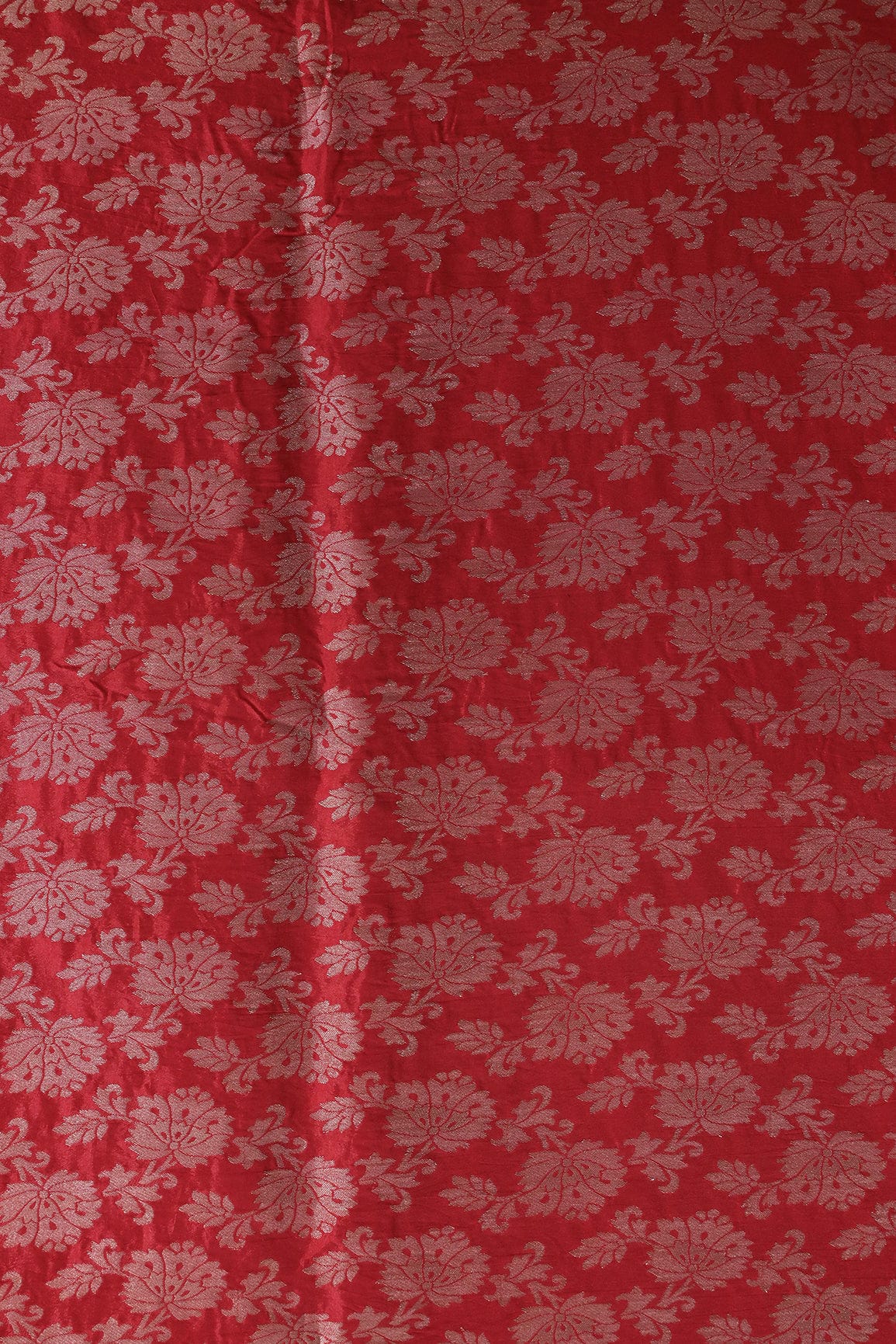 Red Floral Silk Gold Zari Banarasi Jacquard Fabric - doeraa