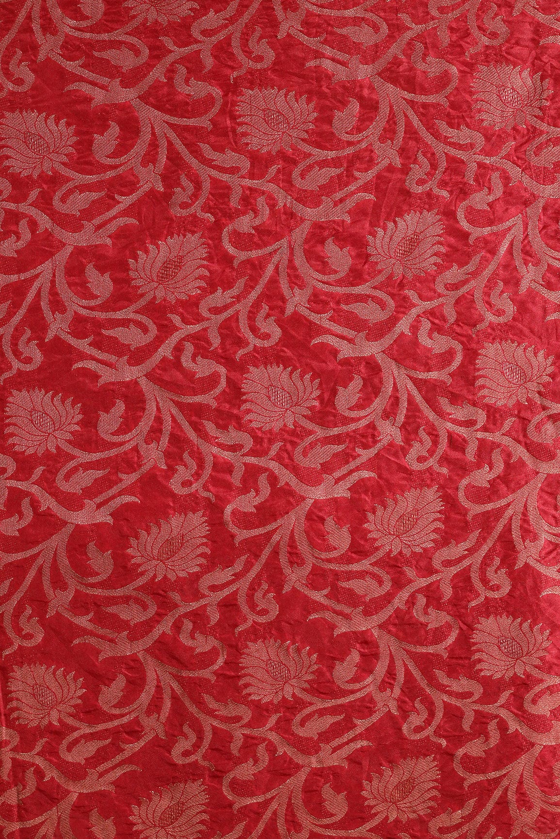 Red Floral Silk Gold Zari Banarasi Jacquard Fabric - doeraa