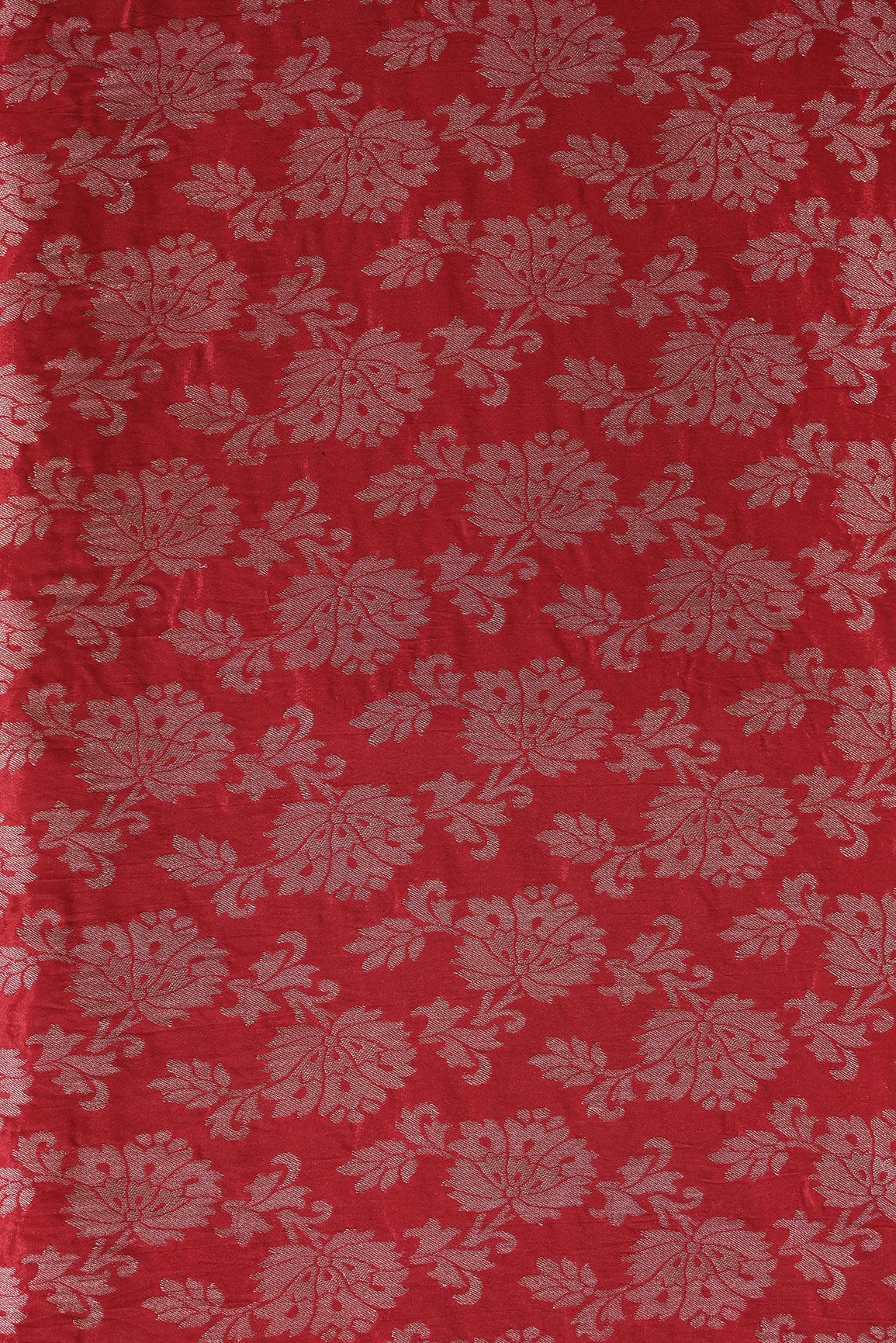 Red Floral Silk Gold Zari Banarasi Jacquard Fabric - doeraa