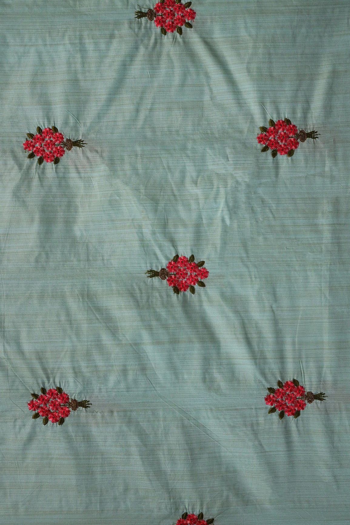 Red Floral Zari Embroidery On Blue Bamboo Silk Fabric - doeraa