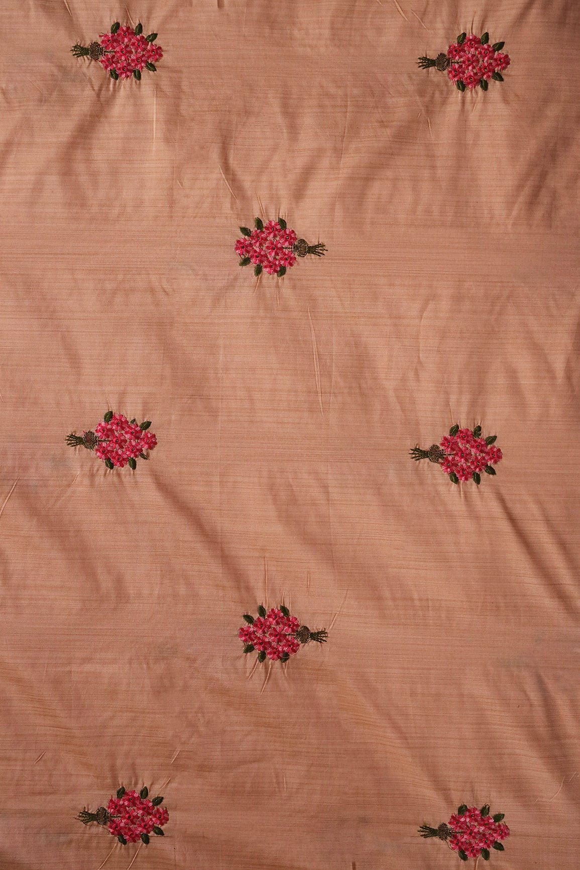 Red Floral Zari Embroidery On Orange Bamboo Silk Fabric - doeraa