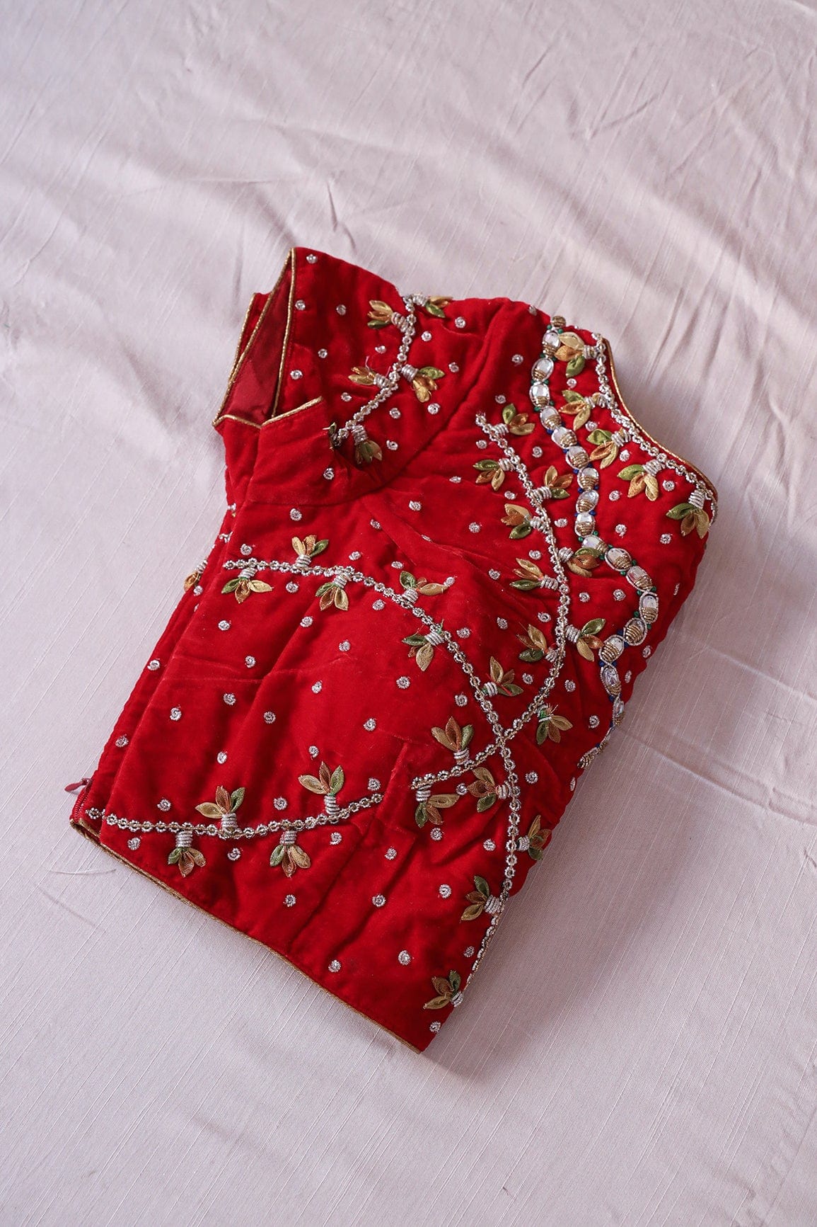 Red Hand Work Emboidery Velvet Stitched Blouse - doeraa