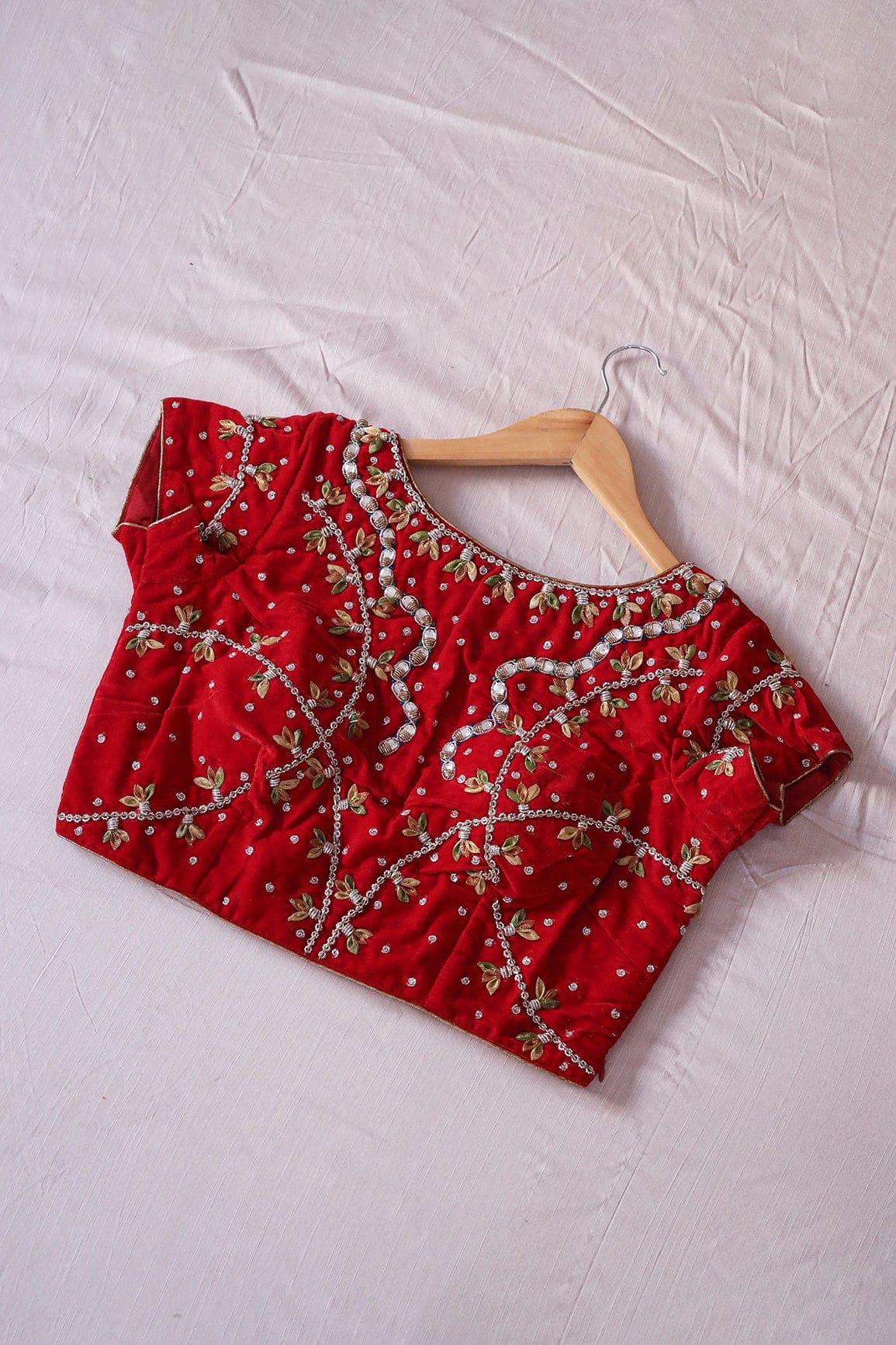 Red Hand Work Emboidery Velvet Stitched Blouse - doeraa