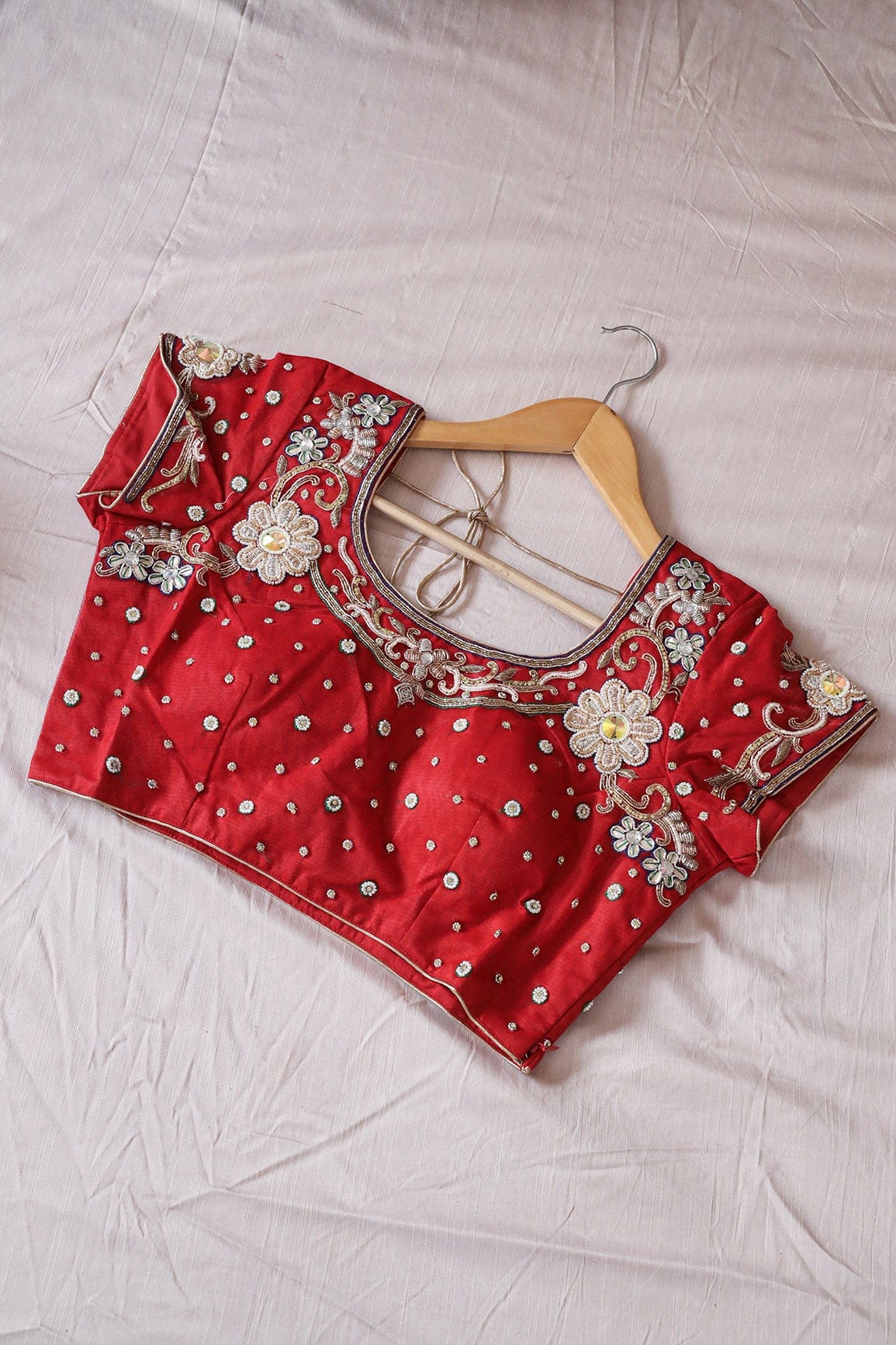 Red Hand Work Embroidery Net Stitched Blouse - doeraa