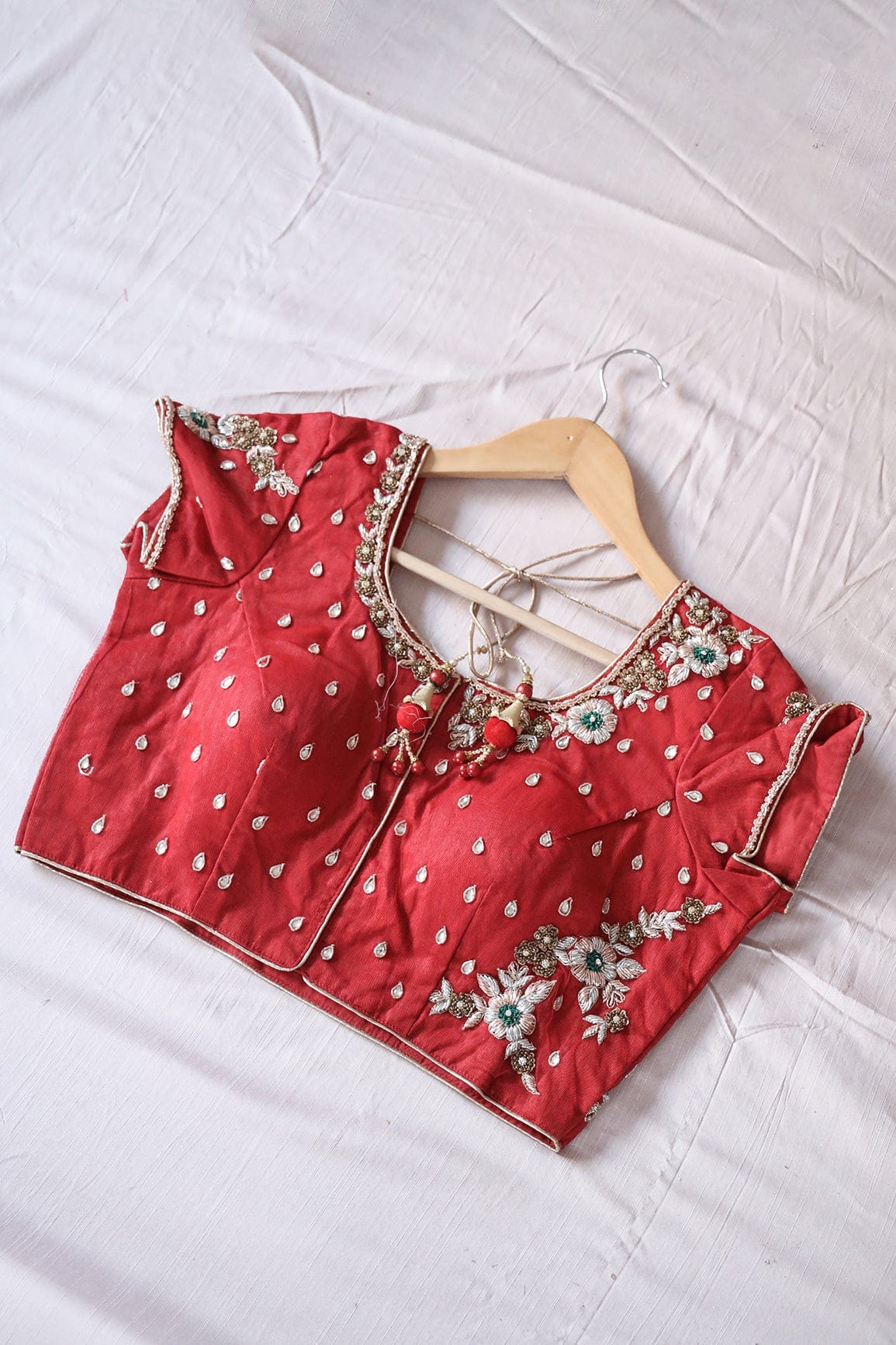 Red Hand Work Embroidery Net Stitched Blouse - doeraa