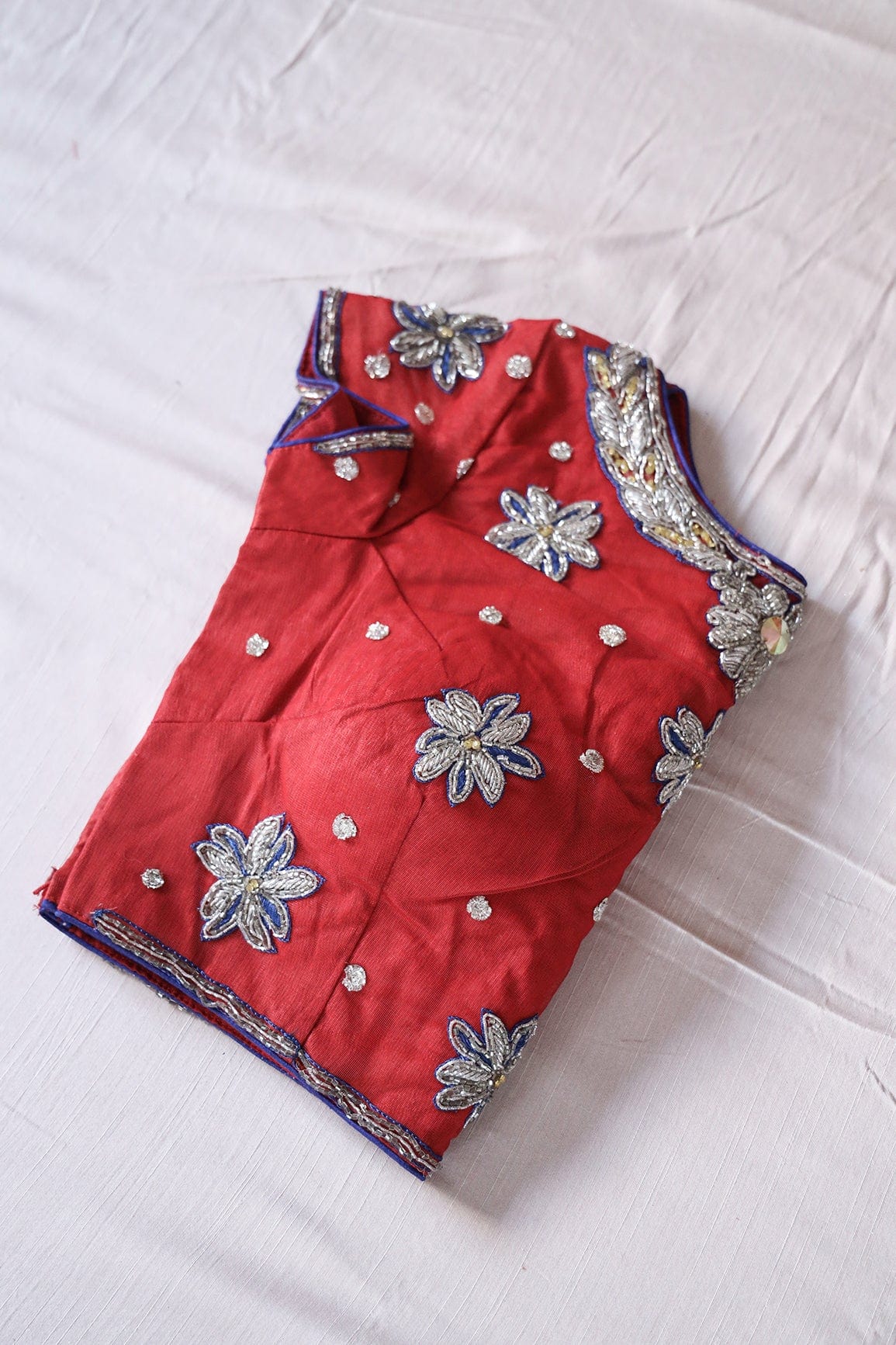 Red Hand Work Embroidery Net Stitched Blouse - doeraa