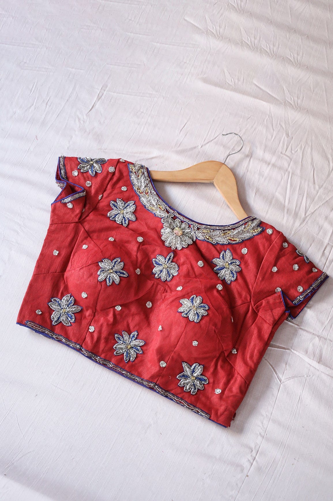 Red Hand Work Embroidery Net Stitched Blouse - doeraa