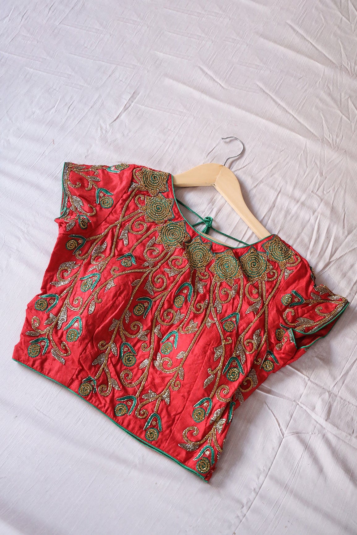 Red Hand Work Embroidery Raw Silk Stitched Blouse - doeraa