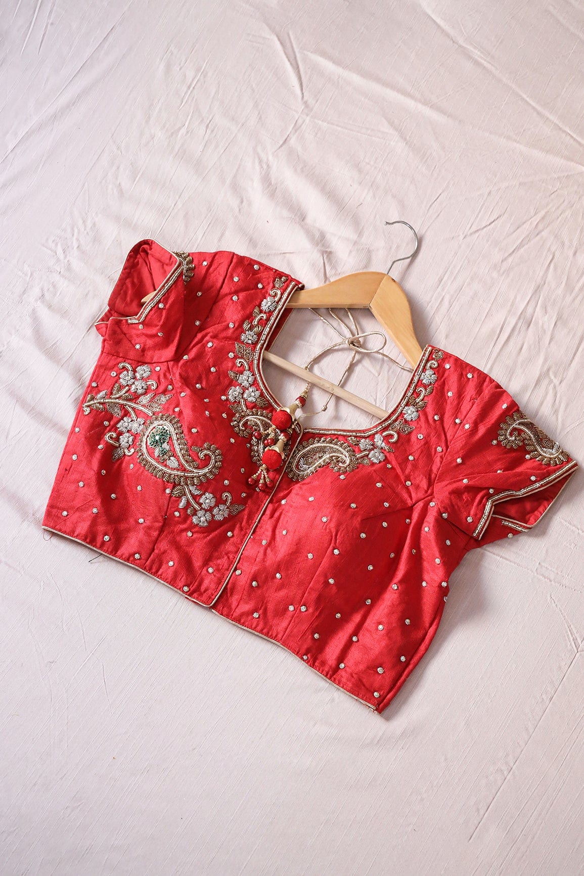 Red Hand Work Embroidery Raw Silk Stitched Blouse - doeraa