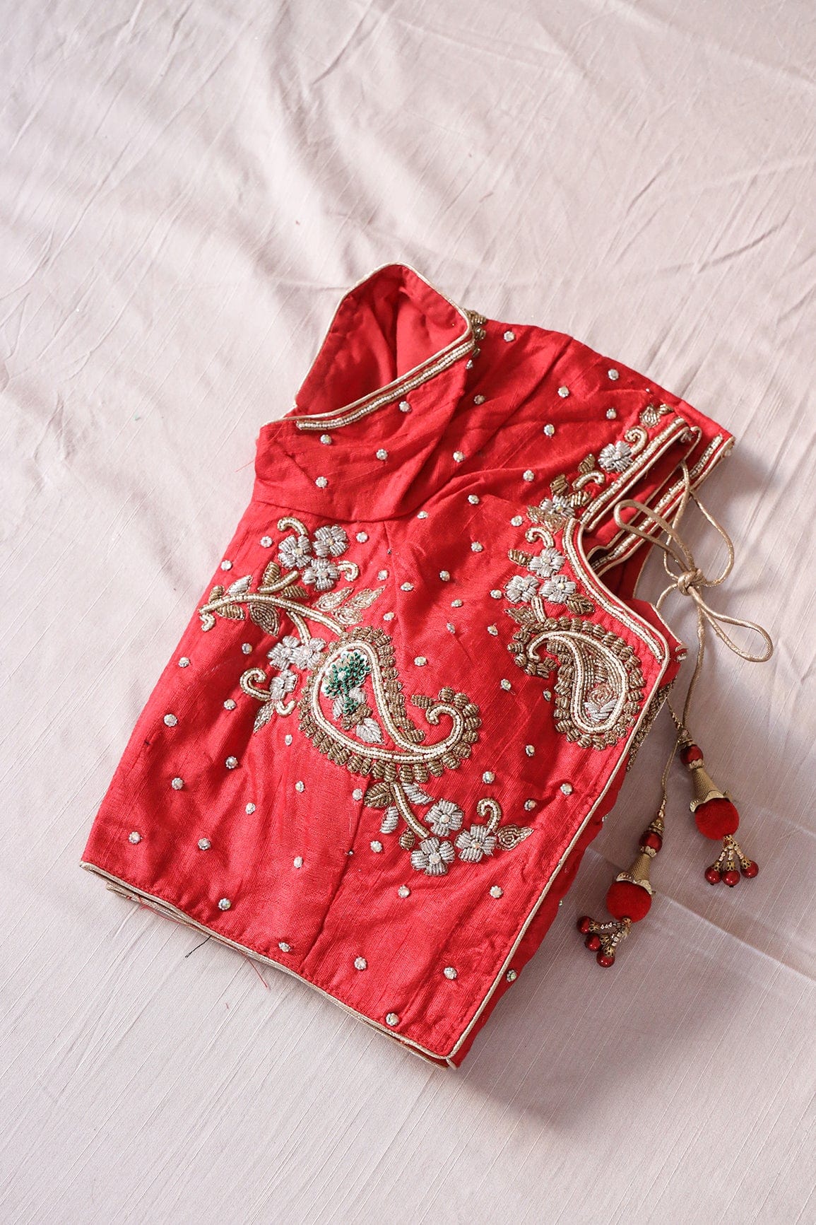 Red Hand Work Embroidery Raw Silk Stitched Blouse - doeraa