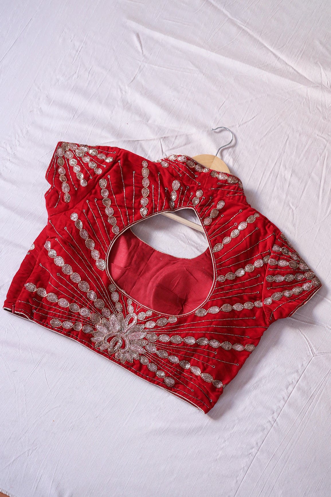 Red Hand Work Embroidery Velvet Stitched Blouse - doeraa