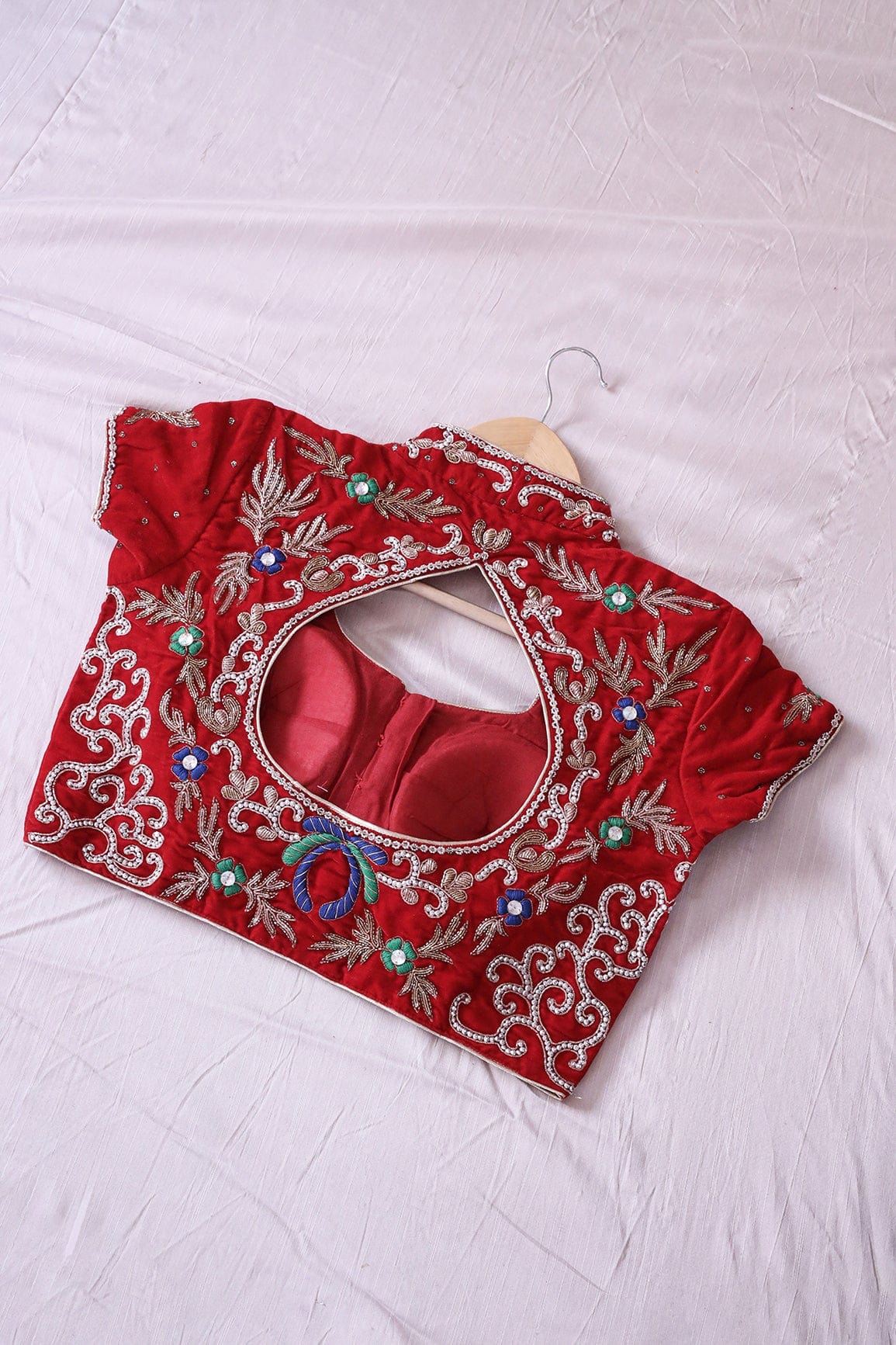 Red Hand Work Embroidery Velvet Stitched Blouse - doeraa
