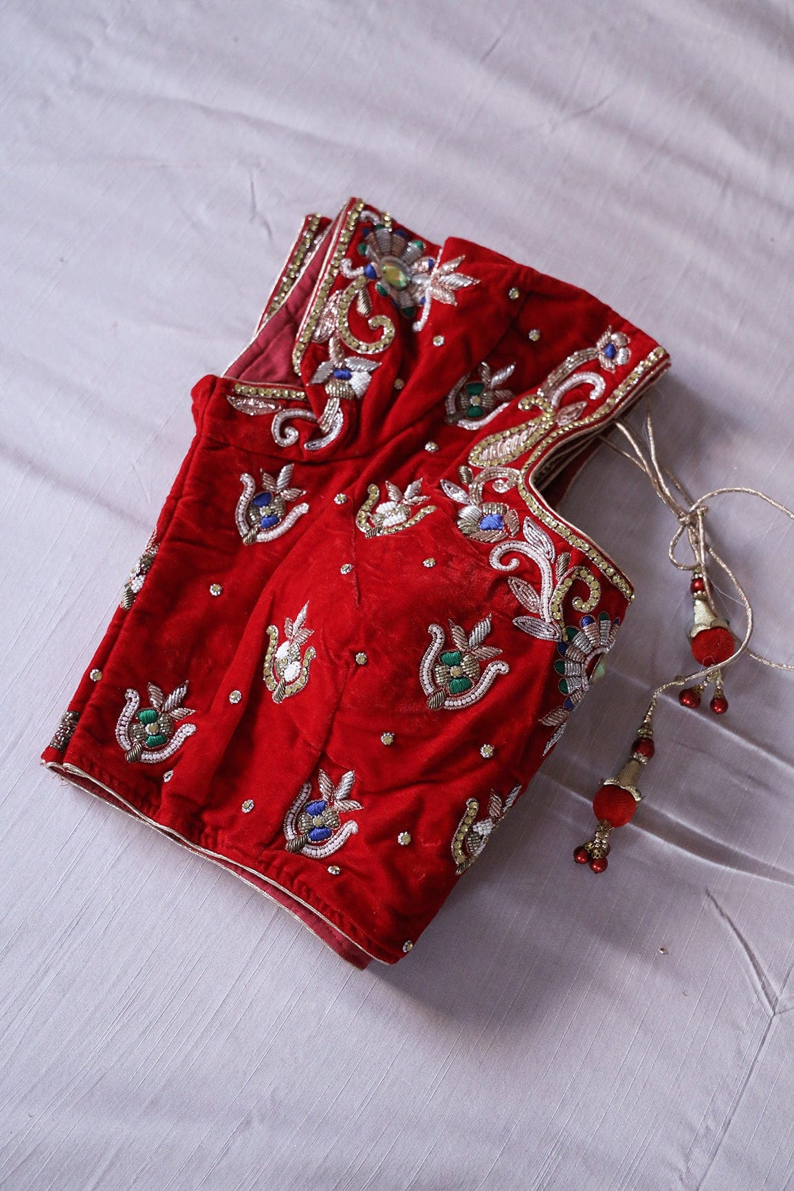 Red Hand Work Embroidery Velvet Stitched Blouse - doeraa