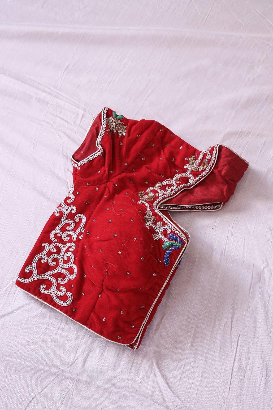 Red Hand Work Embroidery Velvet Stitched Blouse - doeraa