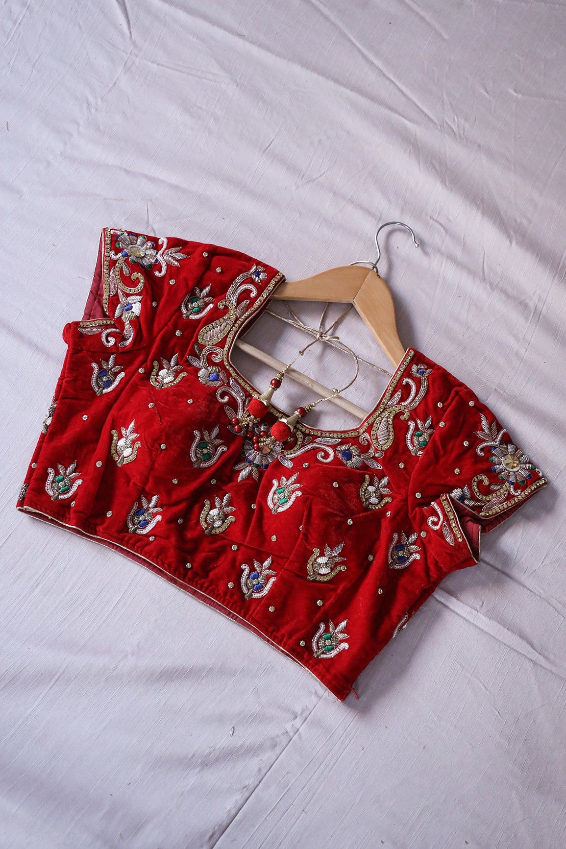 Red Hand Work Embroidery Velvet Stitched Blouse - doeraa