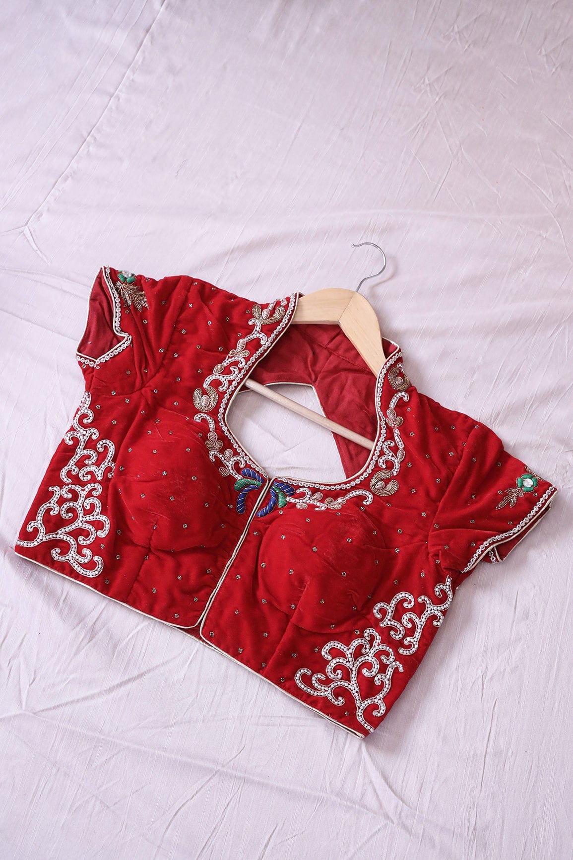 Red Hand Work Embroidery Velvet Stitched Blouse - doeraa