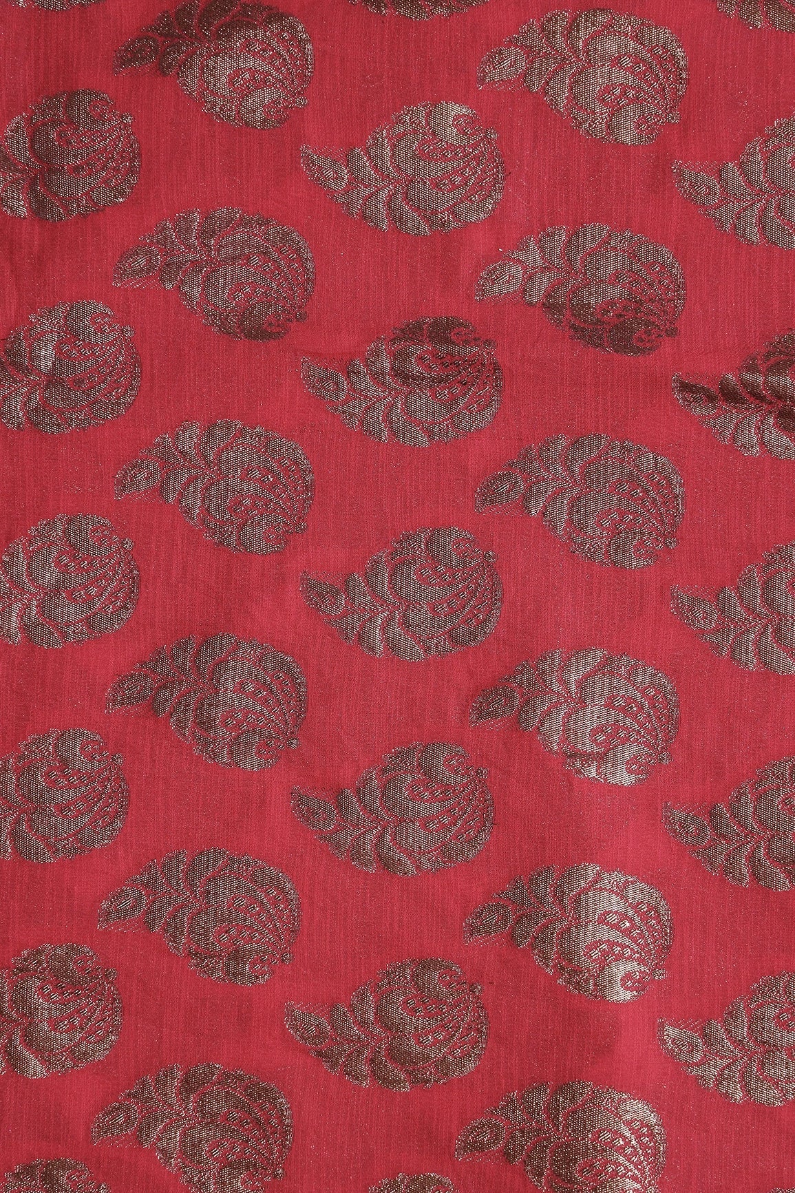 Red Leafy Pure Taspa Lurex Banarasi Silk Jacquard Fabric - doeraa