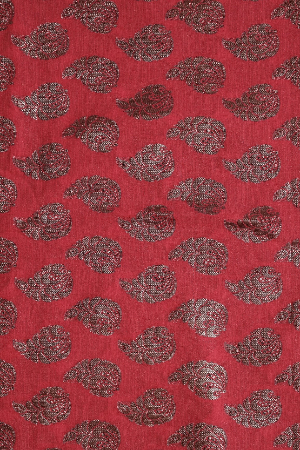 Red Leafy Pure Taspa Lurex Banarasi Silk Jacquard Fabric - doeraa