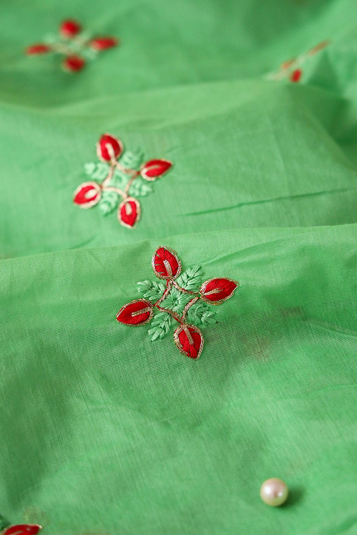 Red Leafy Zari Embroidery on Green Chanderi Fabric - doeraa