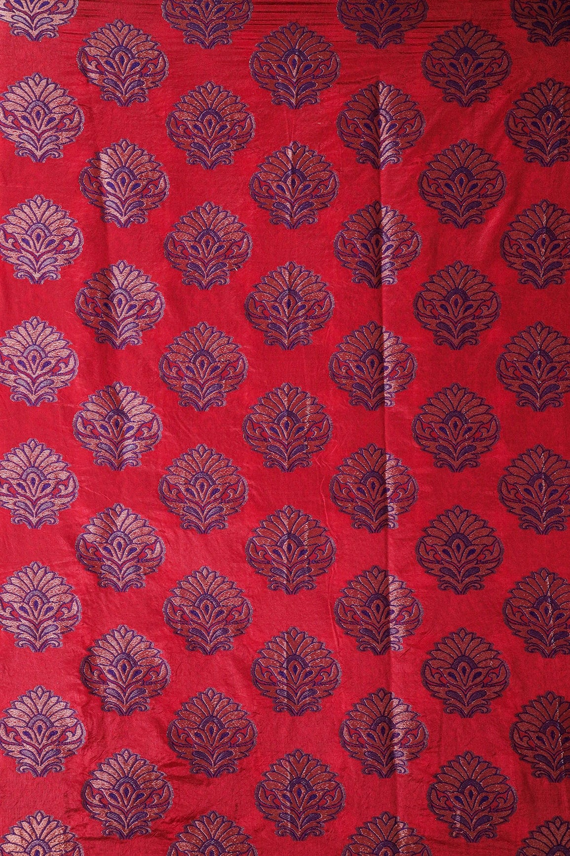 Red Mughal Floral Silk Gold Zari Banarasi Jacquard Fabric - doeraa