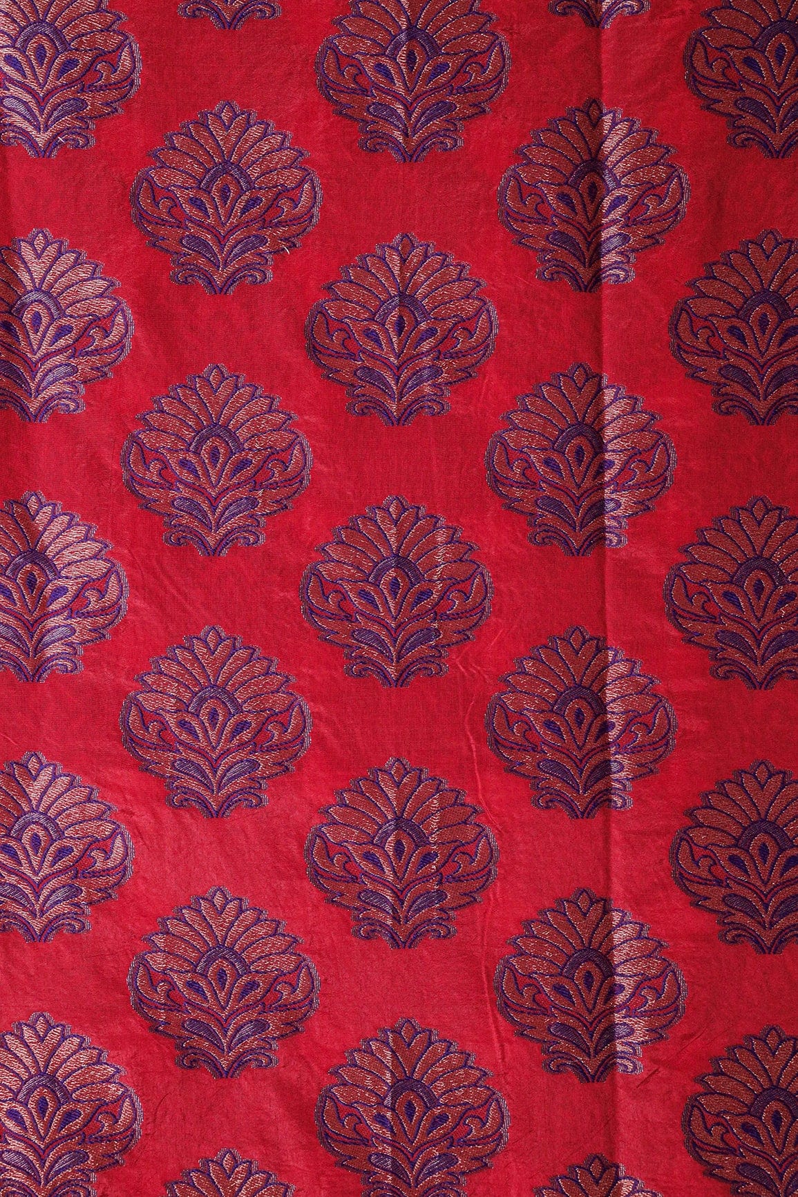 Red Mughal Floral Silk Gold Zari Banarasi Jacquard Fabric - doeraa