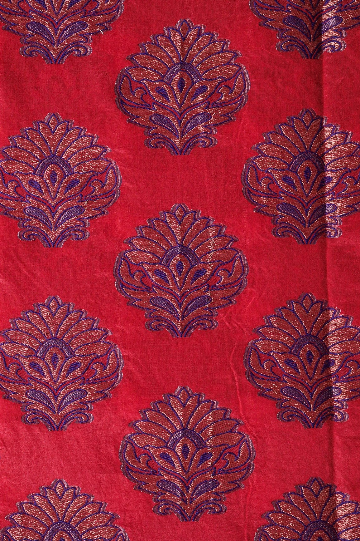 Red Mughal Floral Silk Gold Zari Banarasi Jacquard Fabric - doeraa