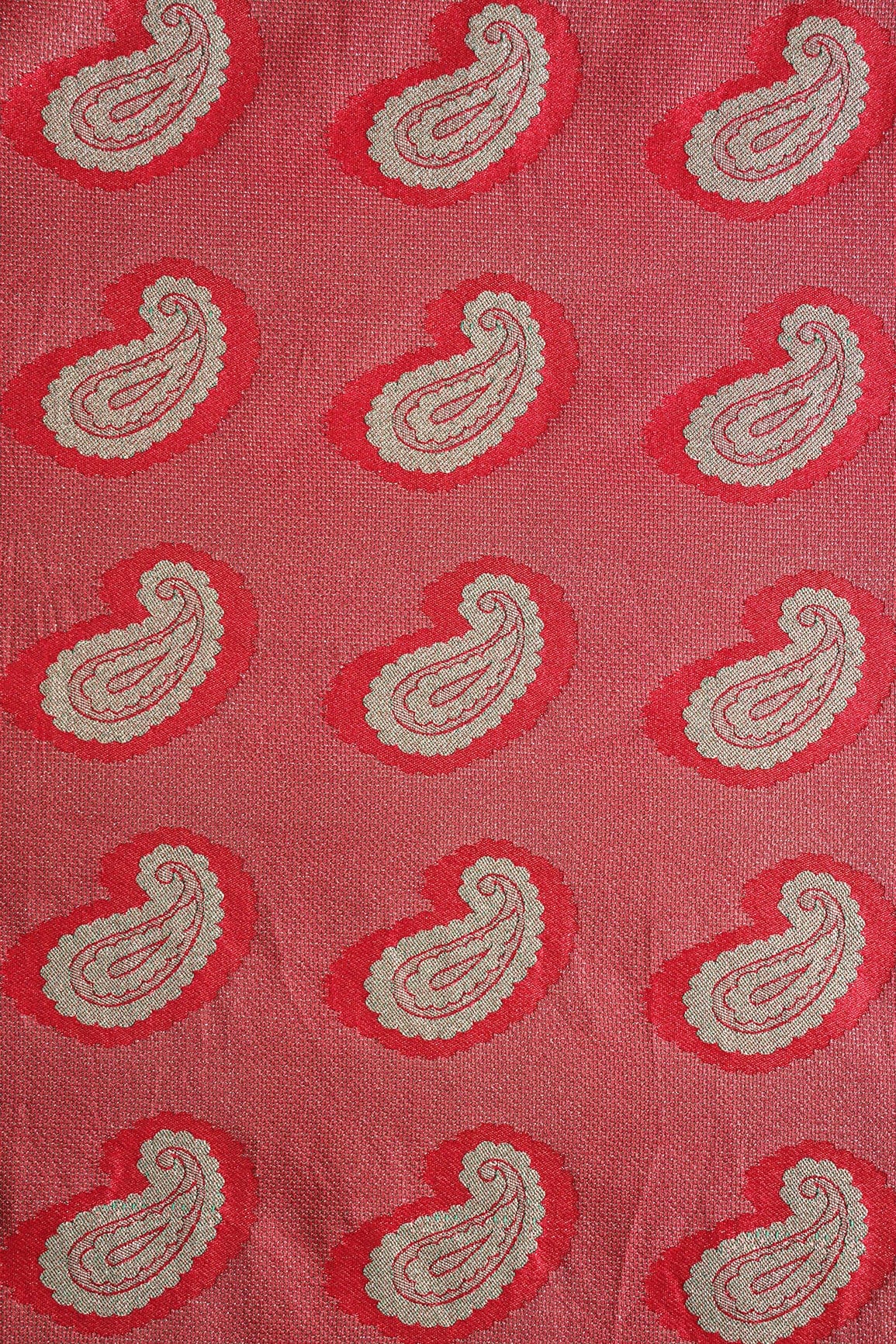 Red Paisley Jute Banarasi Gold Zari Jacquard Fabric - doeraa