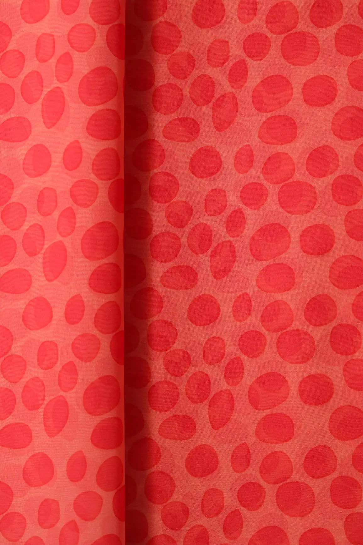 Red Polka Pattern Digital Print On Light Peach Organza Fabric - doeraa