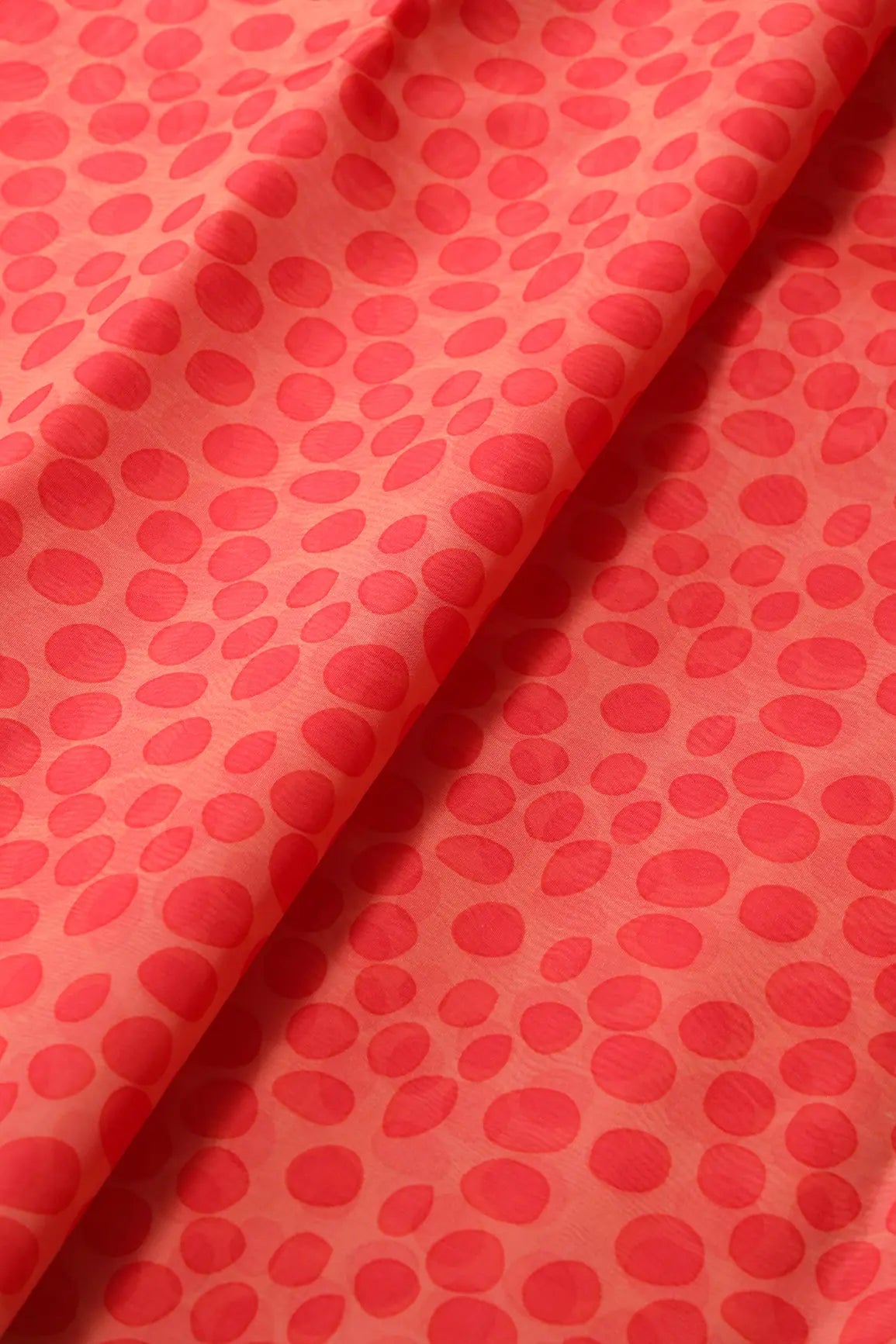 Red Polka Pattern Digital Print On Light Peach Organza Fabric - doeraa