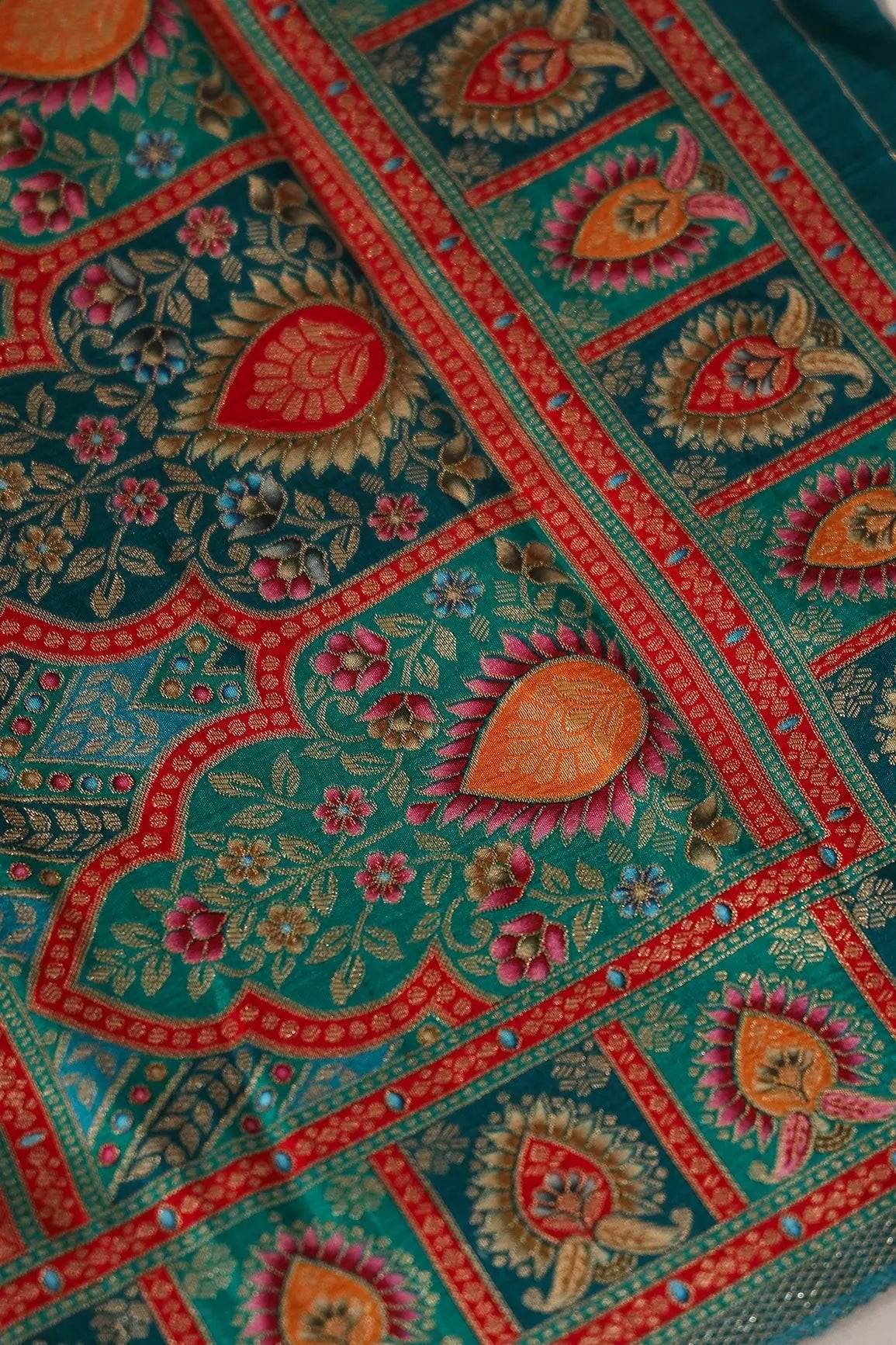 Red Pure Viscose Dola Silk Jacquard Print Dupatta - doeraa