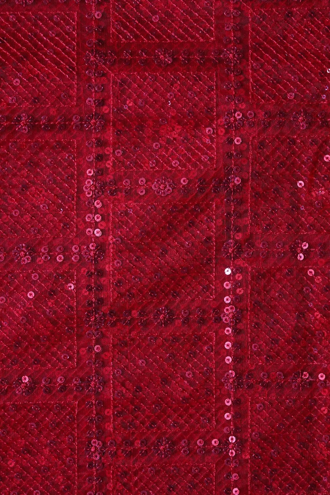 Red Sequins Checks Embroidery On Red Soft Net Fabric - doeraa