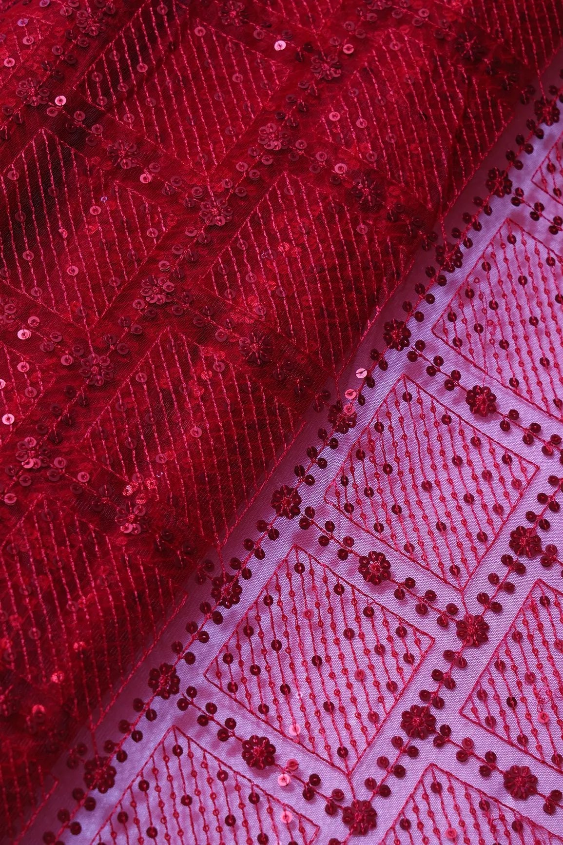 Red Sequins Checks Embroidery On Red Soft Net Fabric - doeraa
