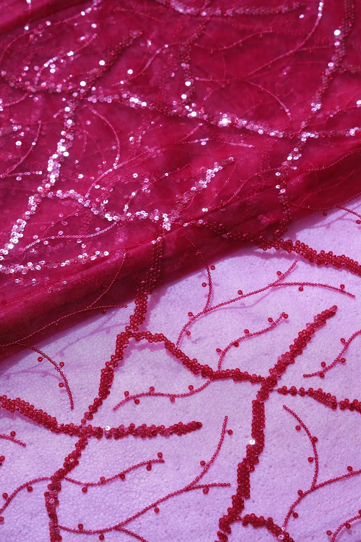 Red Sequins Geometric Embroidery On Cherry Red Soft Net Fabric - doeraa