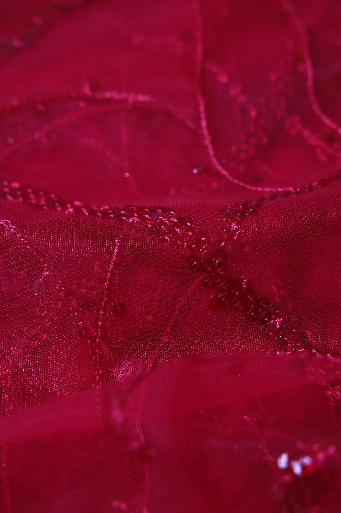 Red Sequins Geometric Embroidery On Cherry Red Soft Net Fabric - doeraa