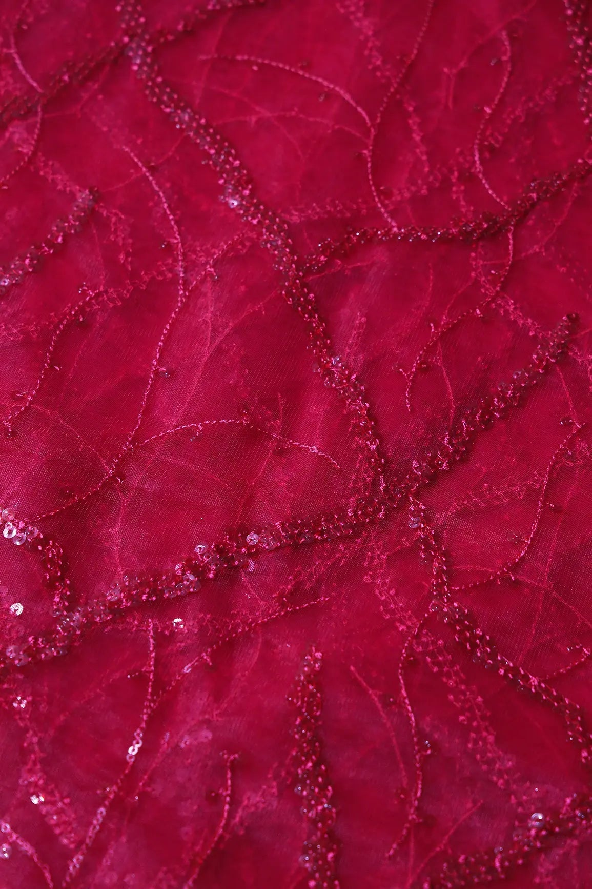 Red Sequins Geometric Embroidery On Cherry Red Soft Net Fabric - doeraa