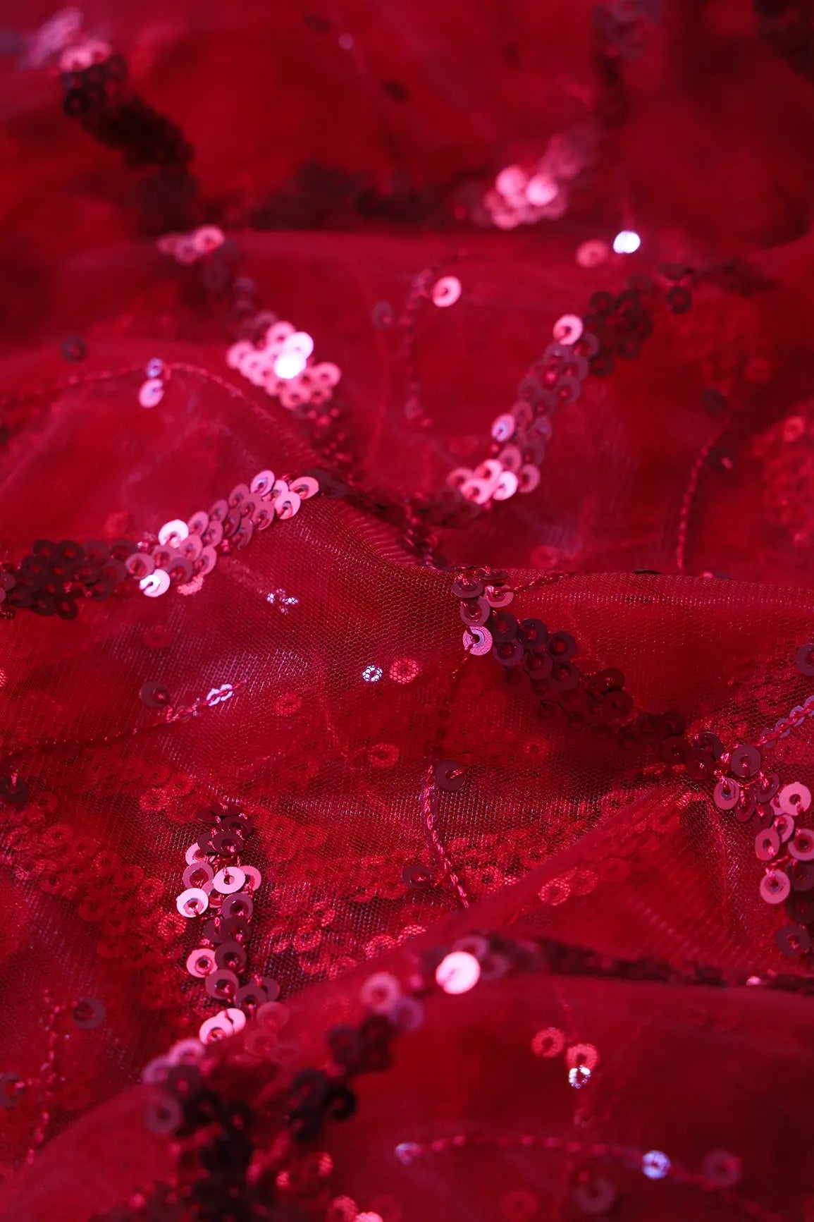 Red Sequins Geometric Embroidery On Red Soft Net Fabric - doeraa