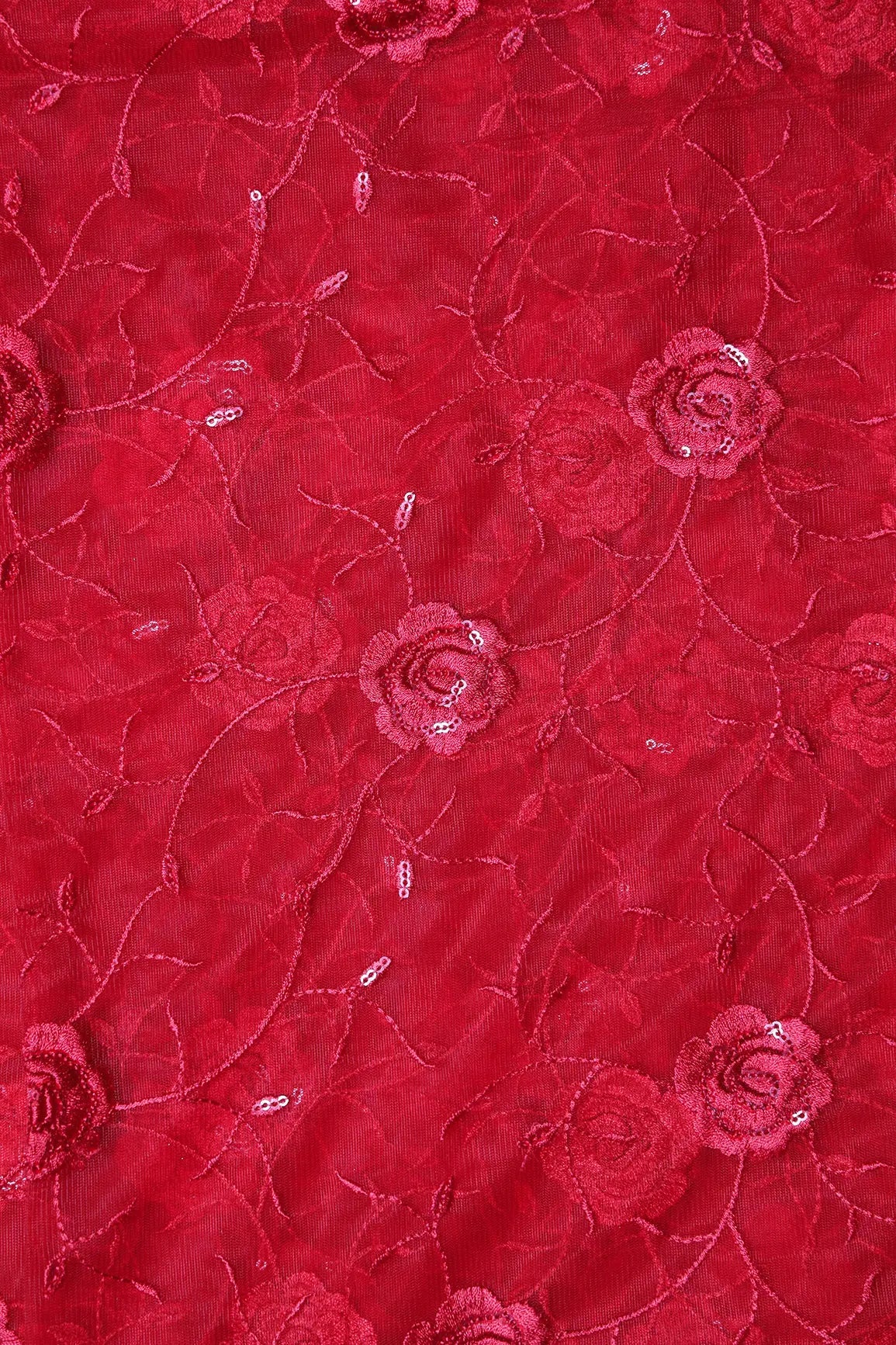 Red Sequins With Red Thread Floral Embroidery On Red Soft Net Fabric - doeraa