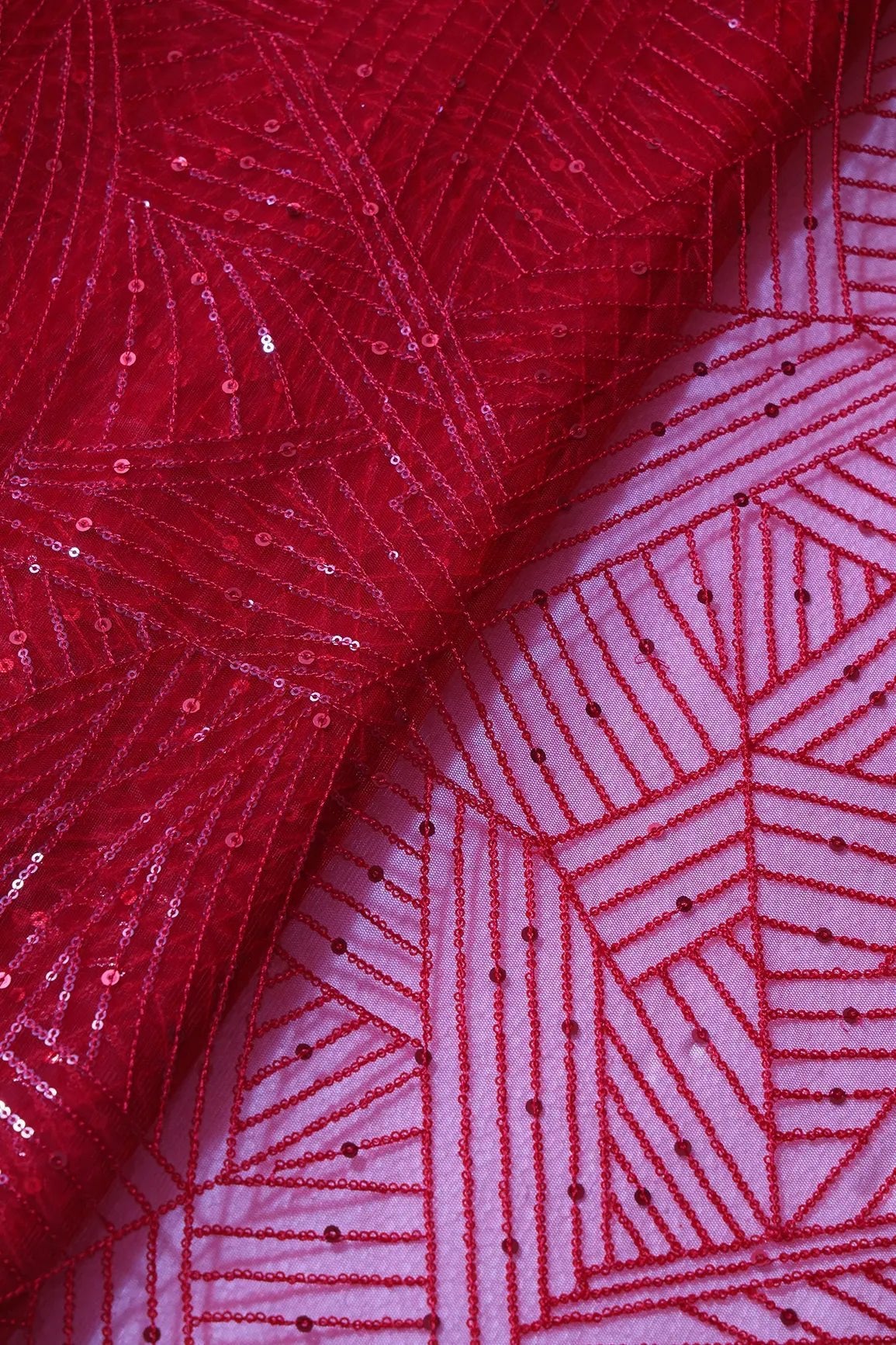 Red Small Sequins Geometric Embroidery On Red Soft Net Fabric - doeraa