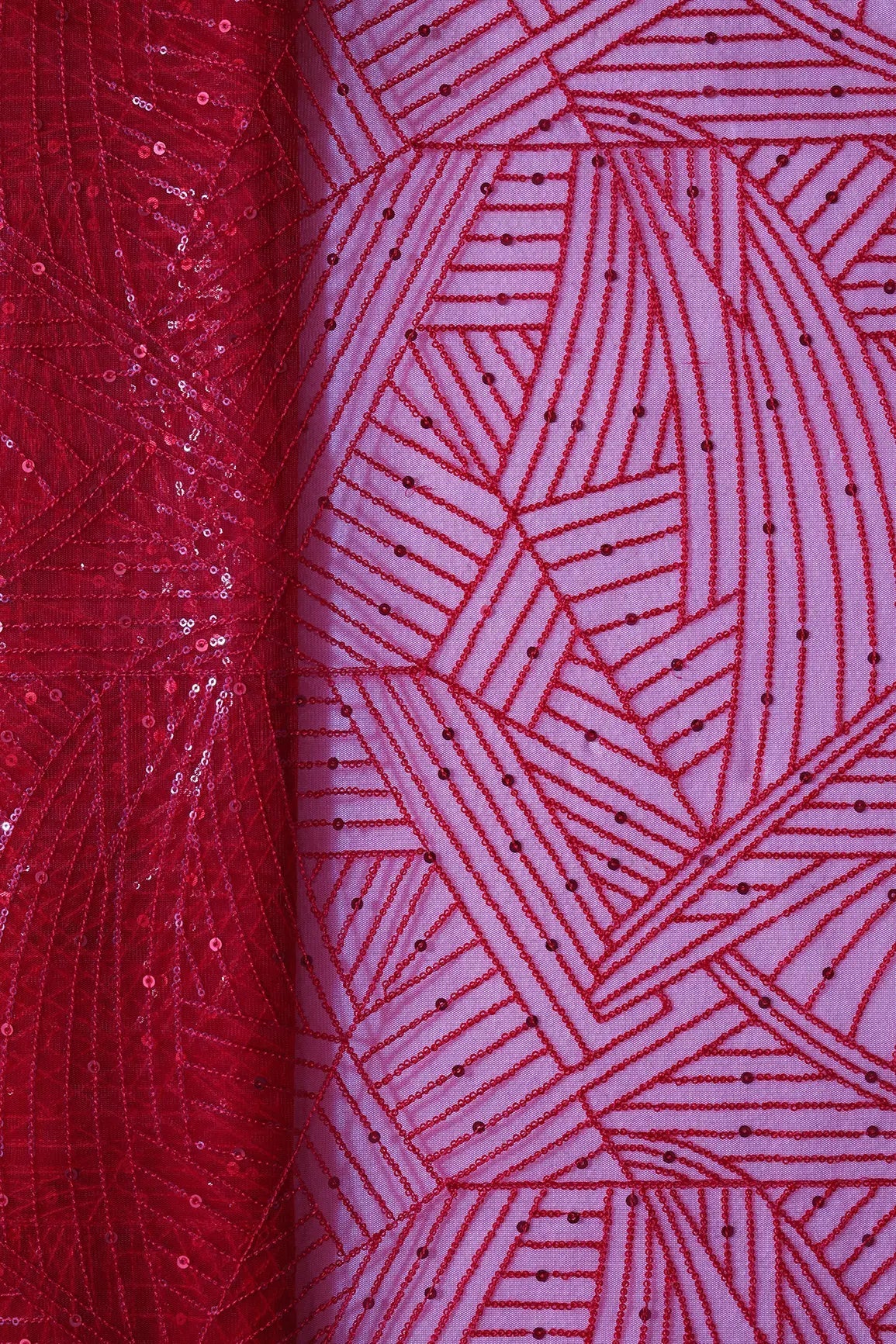 Red Small Sequins Geometric Embroidery On Red Soft Net Fabric - doeraa