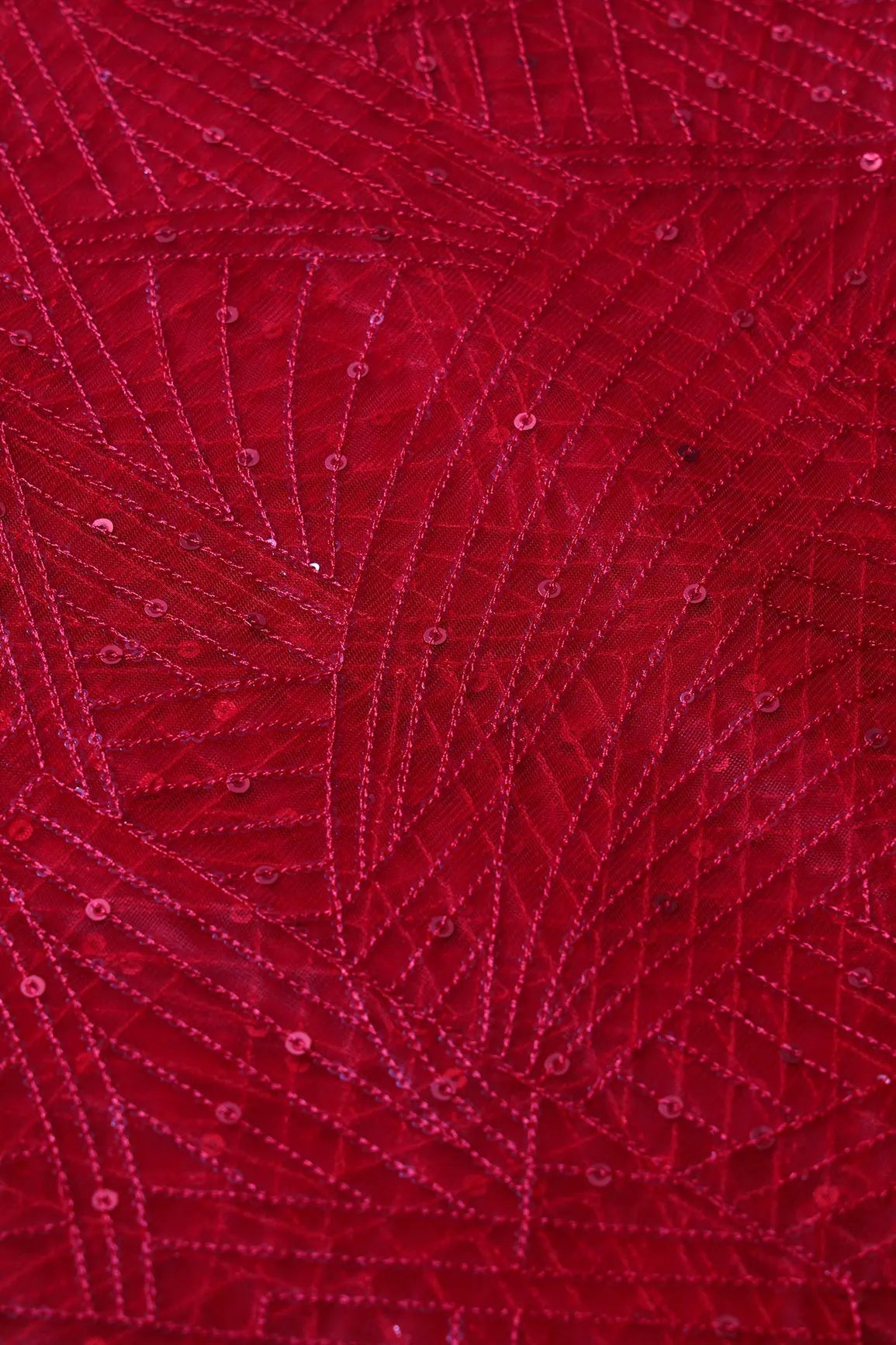 Red Small Sequins Geometric Embroidery On Red Soft Net Fabric - doeraa