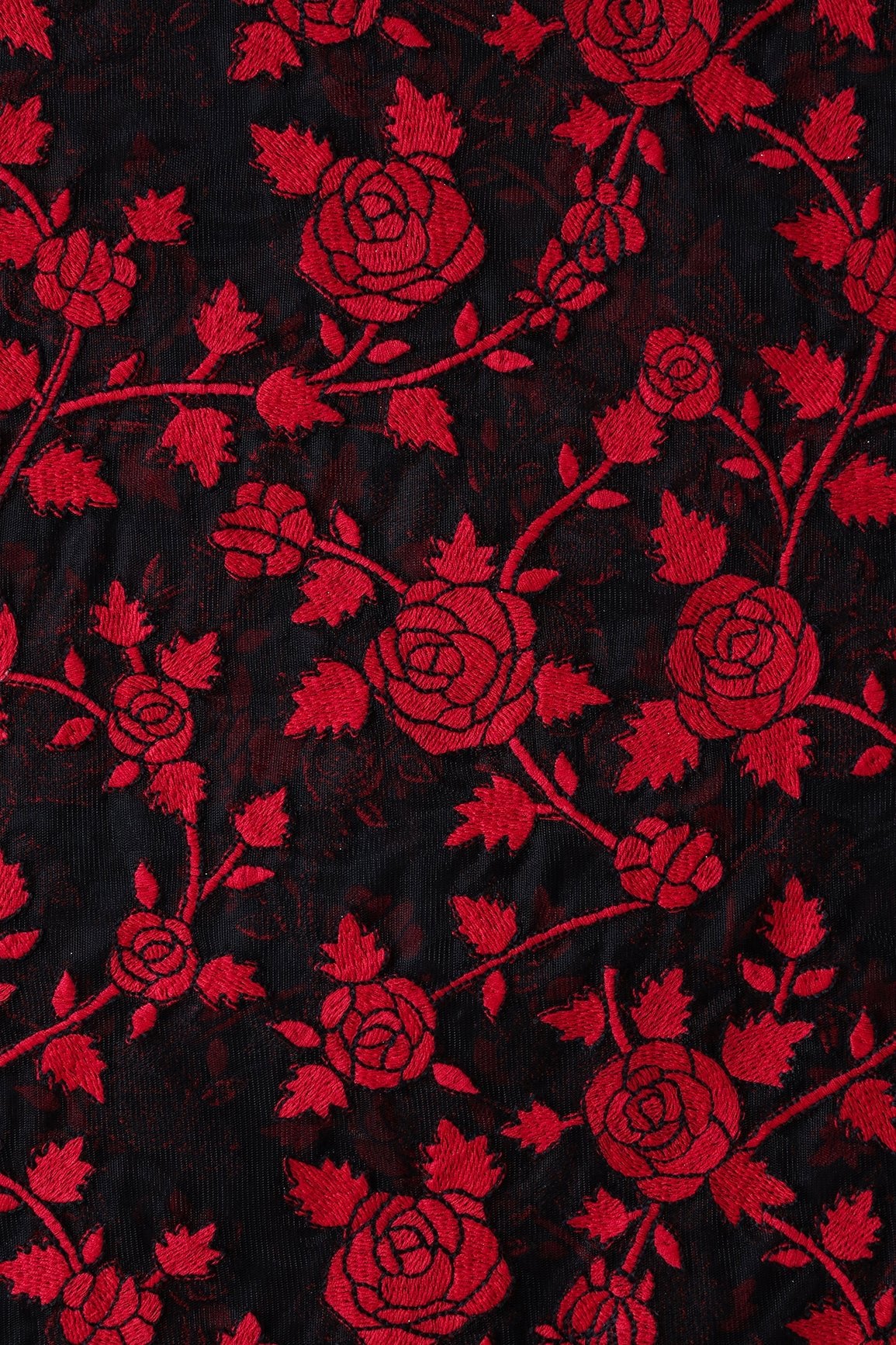 Red Thread Floral Heavy Embroidery Work On Black Soft Net Fabric - doeraa