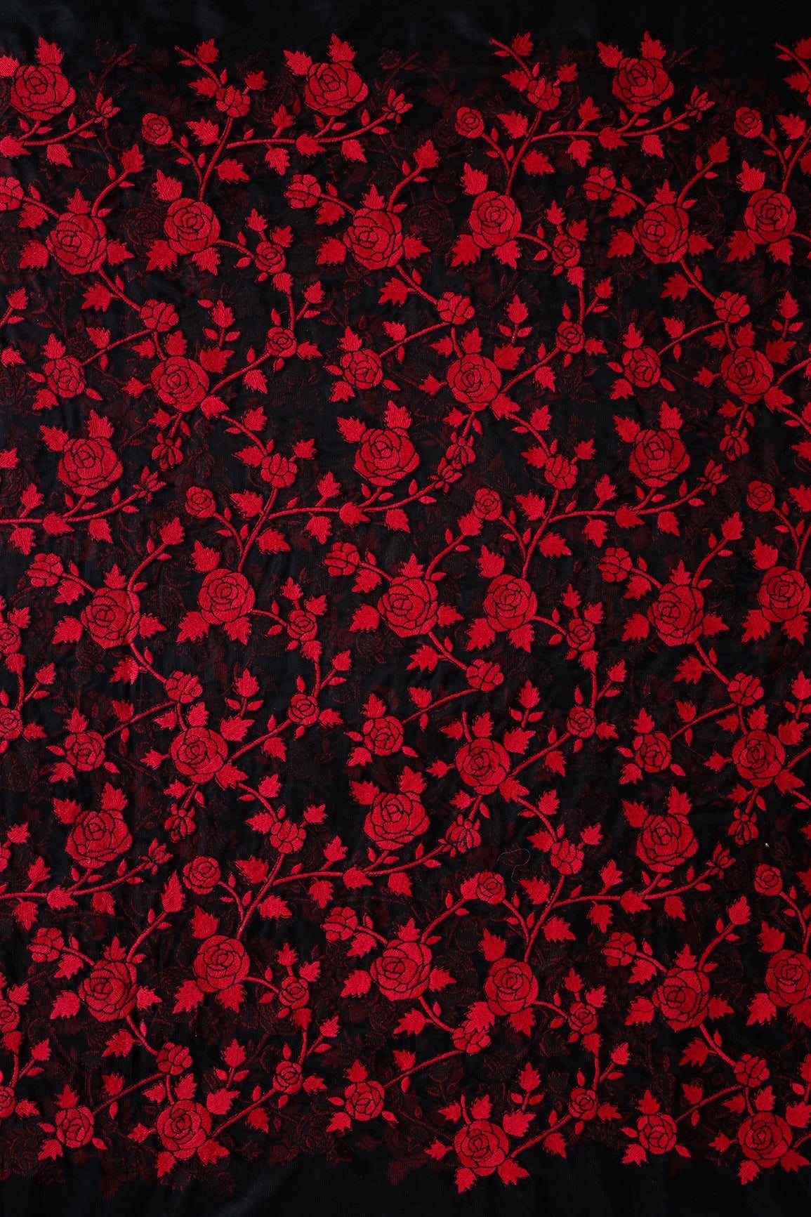 Red Thread Floral Heavy Embroidery Work On Black Soft Net Fabric - doeraa