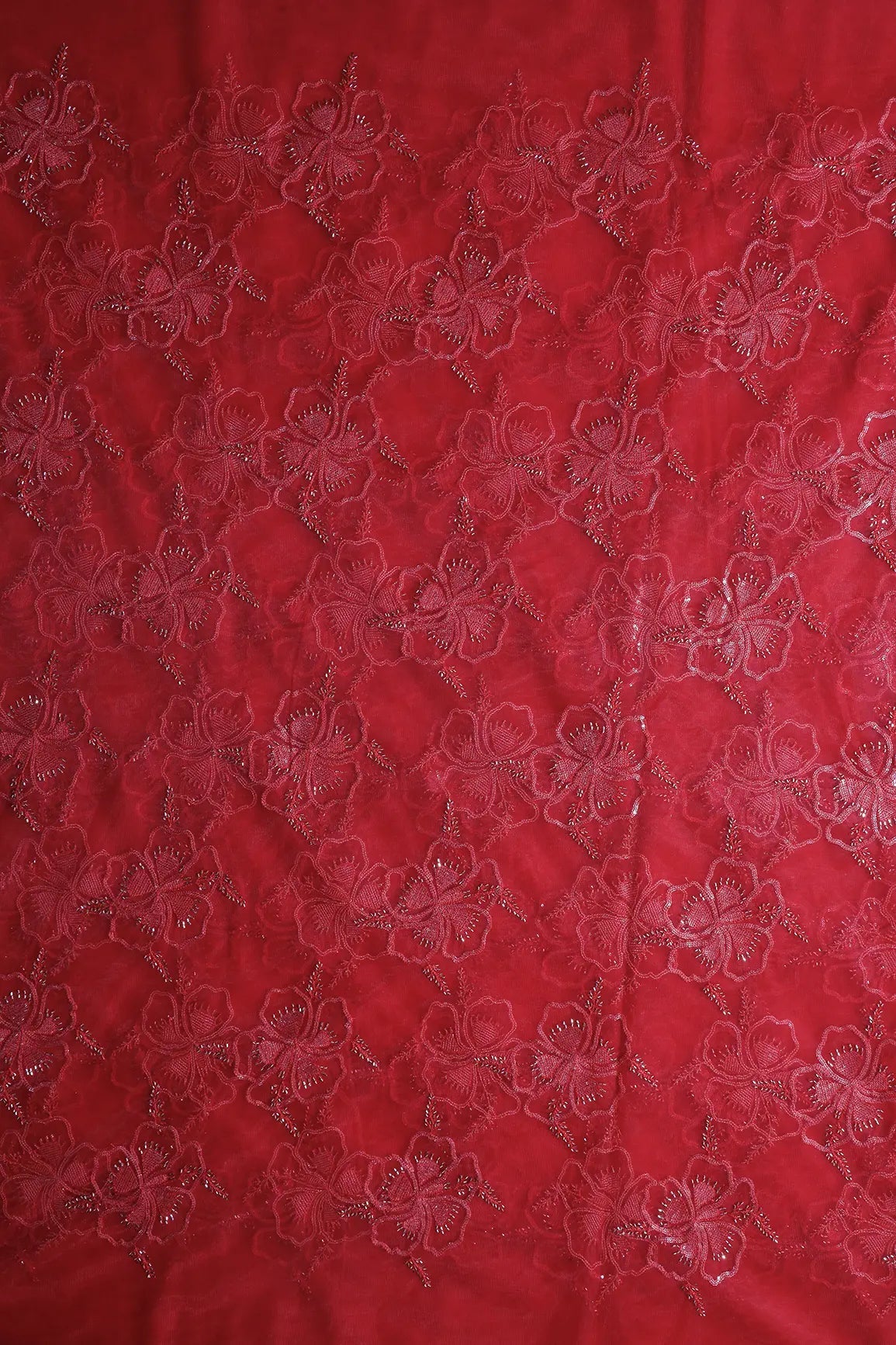 Red Thread & Gold Beads With Water Sequins Floral Embroidery On Cherry Red Soft Net Fabric - doeraa