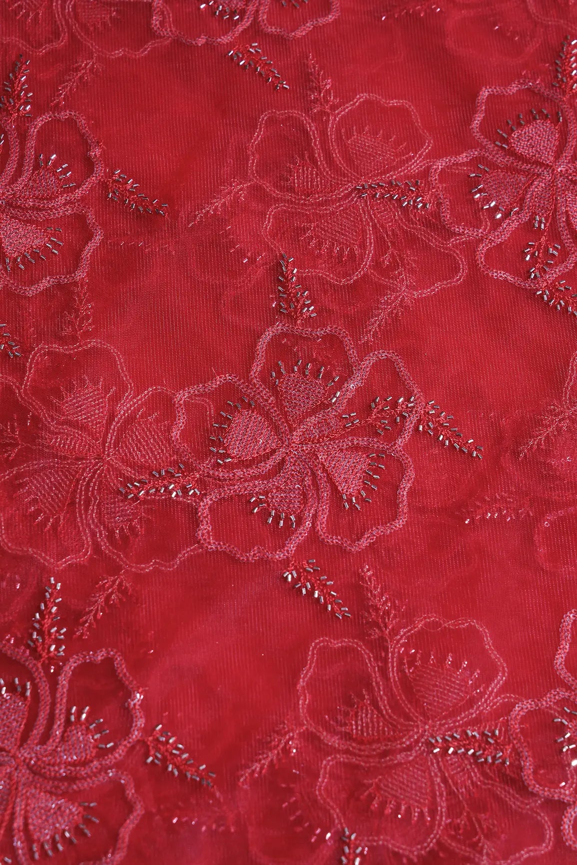 Red Thread & Gold Beads With Water Sequins Floral Embroidery On Cherry Red Soft Net Fabric - doeraa