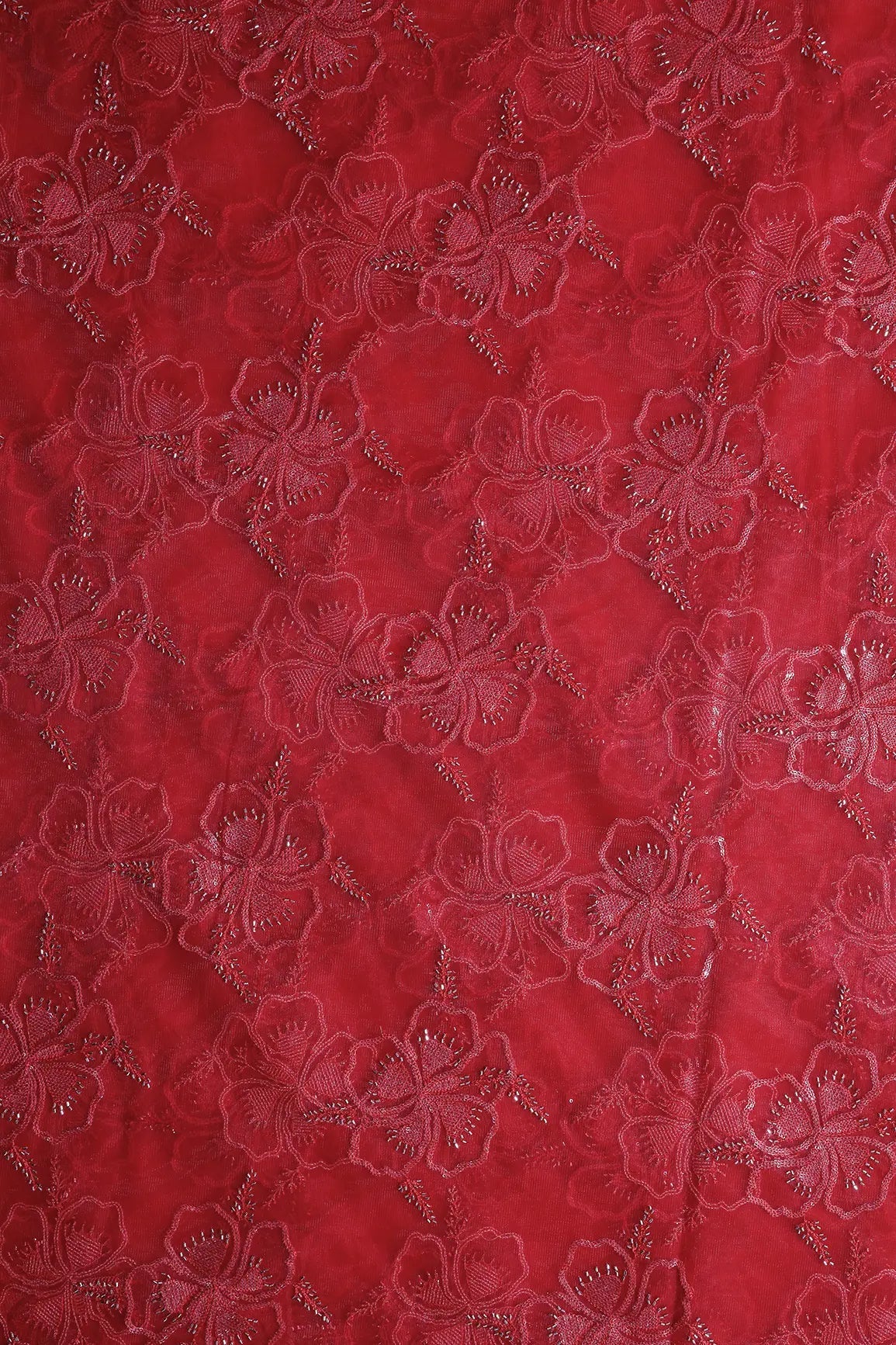 Red Thread & Gold Beads With Water Sequins Floral Embroidery On Cherry Red Soft Net Fabric - doeraa