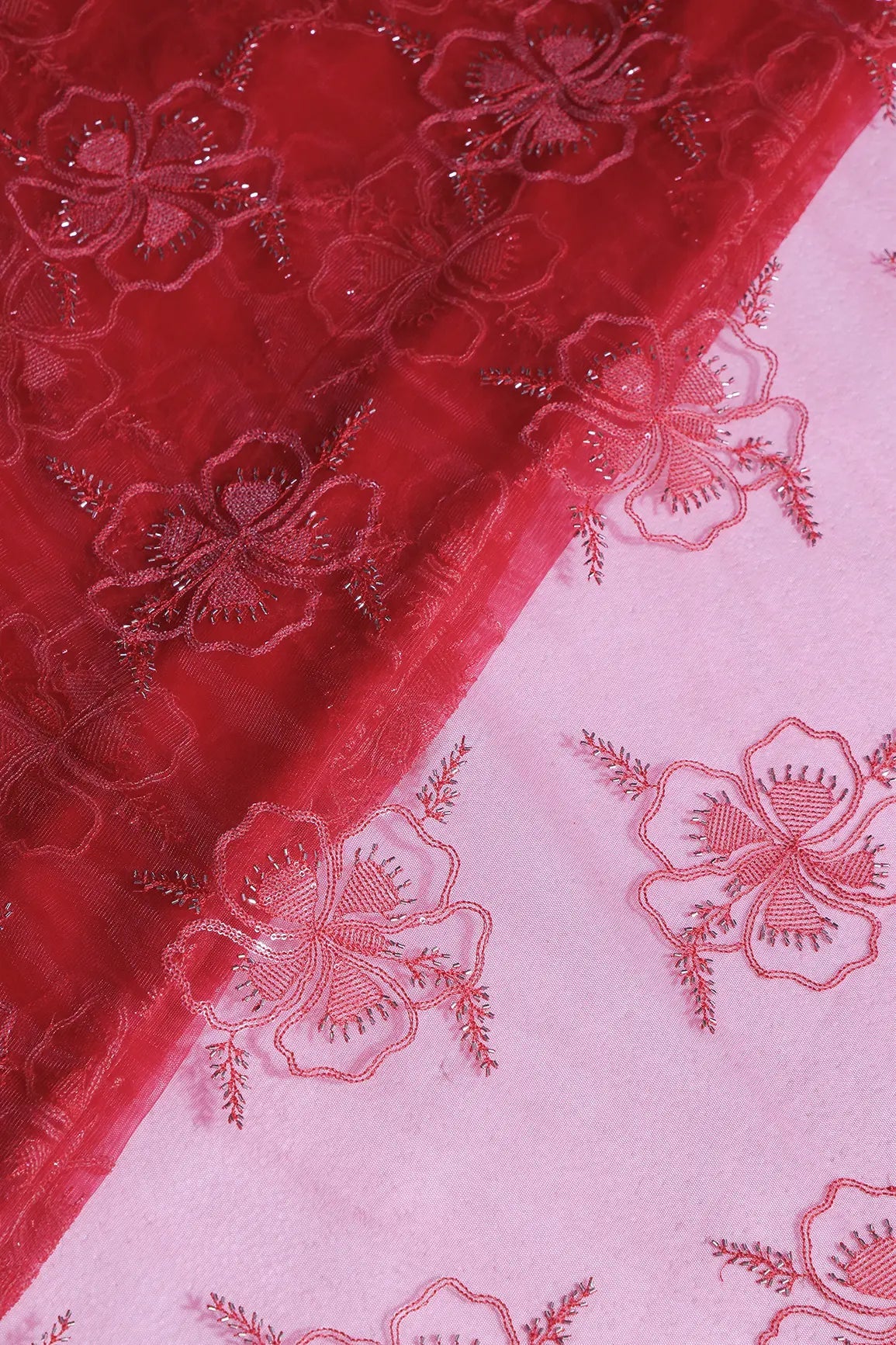 Red Thread & Gold Beads With Water Sequins Floral Embroidery On Cherry Red Soft Net Fabric - doeraa