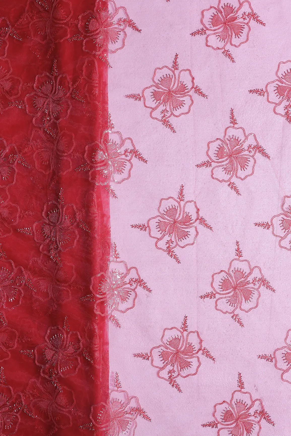 Red Thread & Gold Beads With Water Sequins Floral Embroidery On Cherry Red Soft Net Fabric - doeraa