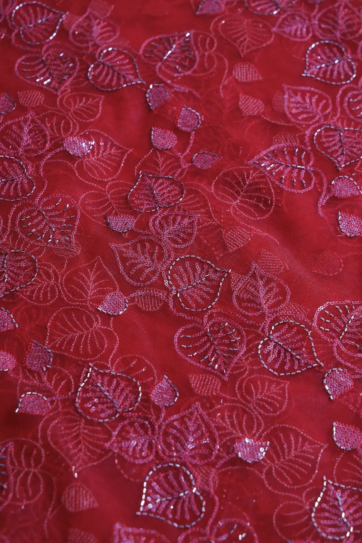 Red Thread & Gold Beads With Water Sequins Floral Embroidery On Red Soft Net Fabric - doeraa