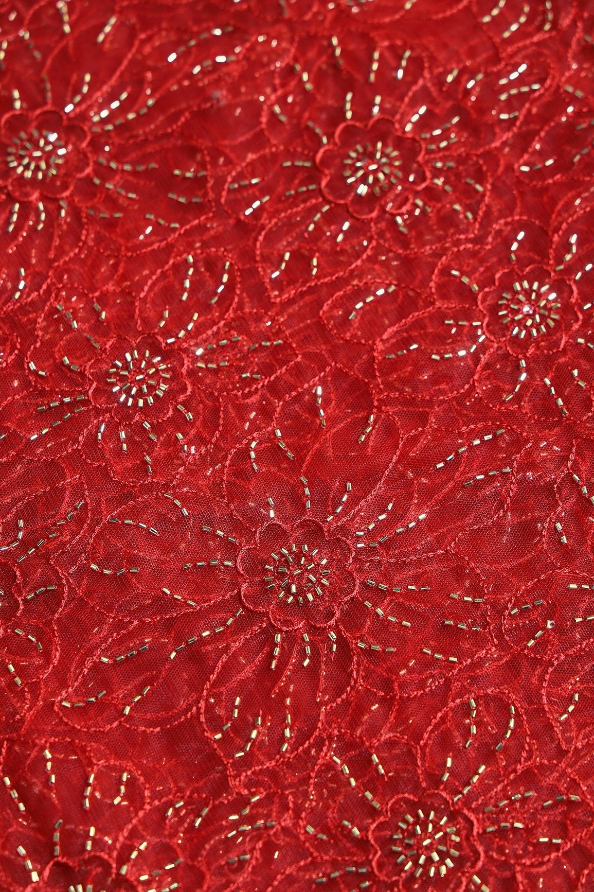 Red Thread With Beads Floral Embroidery Work On Red Soft Net Fabric - doeraa