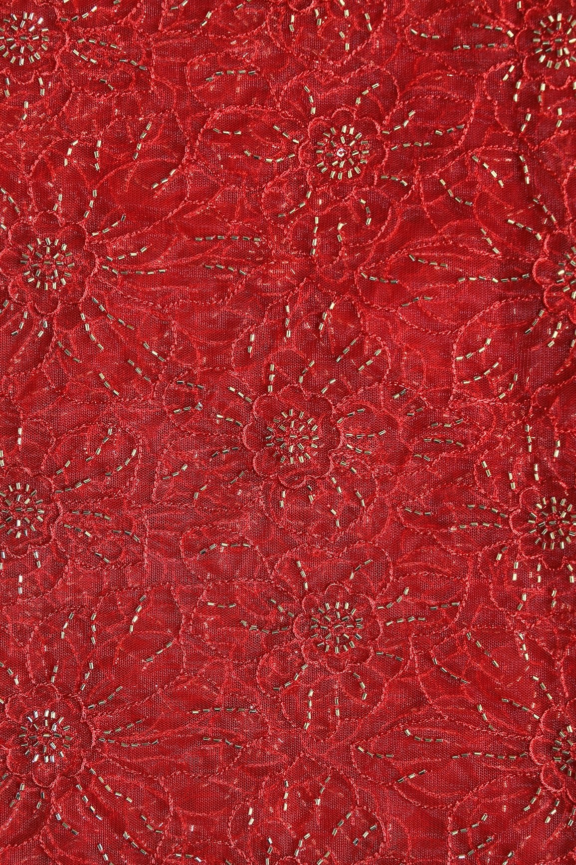 Red Thread With Beads Floral Embroidery Work On Red Soft Net Fabric - doeraa